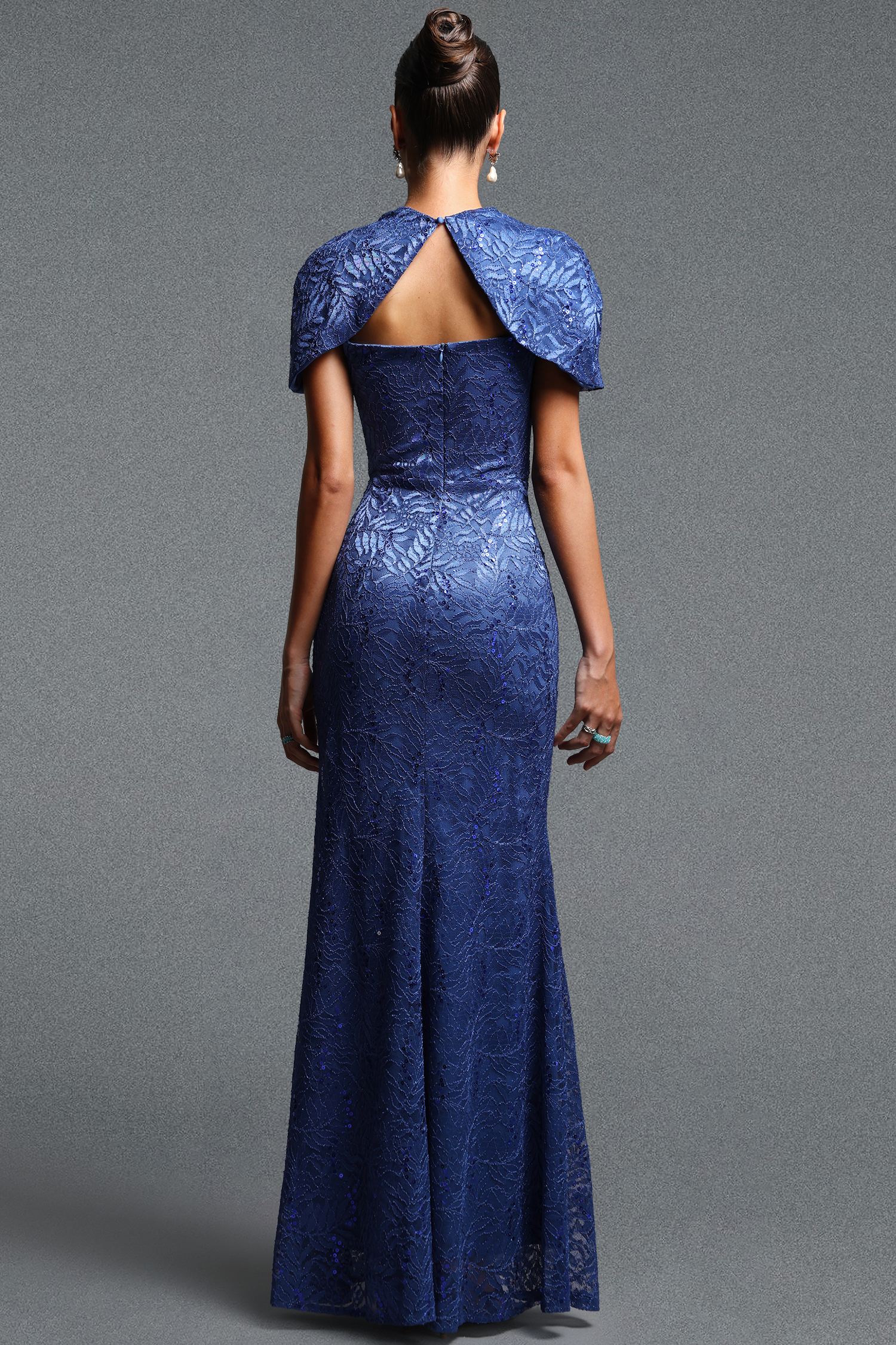 Lape Elegant Contour Cape Sequin Lace Maxi Dress