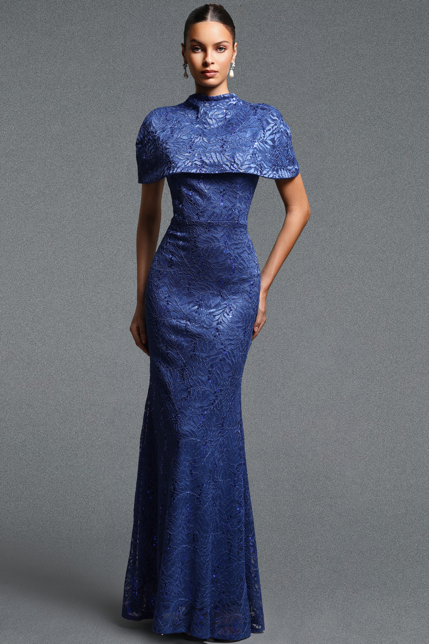Lape Elegant Contour Cape Sequin Lace Maxi Dress