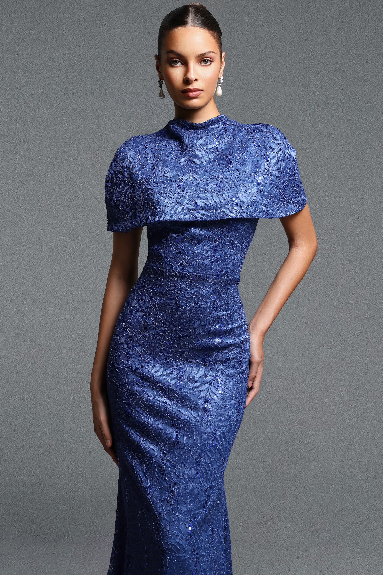 Lape Elegant Contour Cape Sequin Lace Maxi Dress