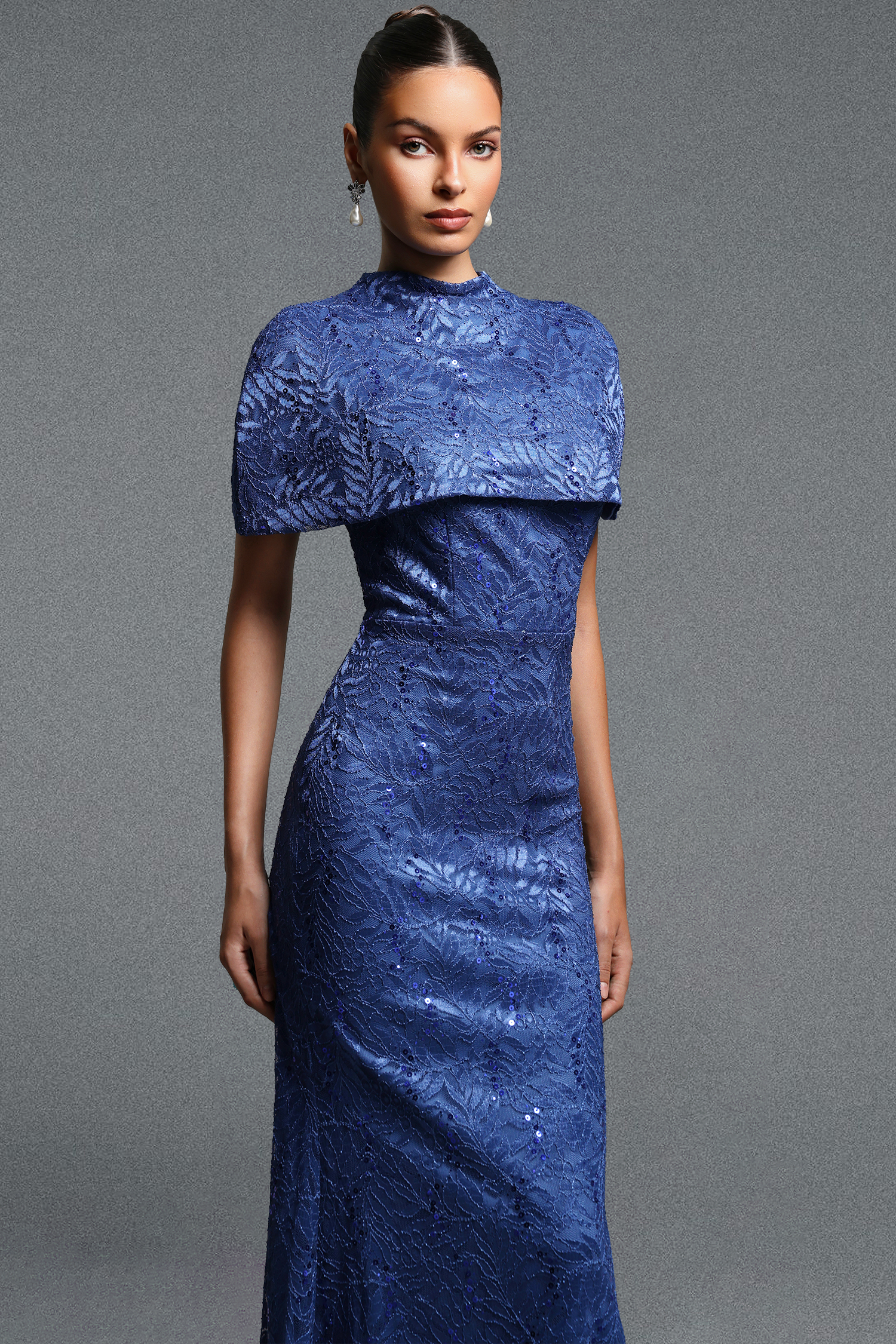 Lape Elegant Contour Cape Sequin Lace Maxi Dress
