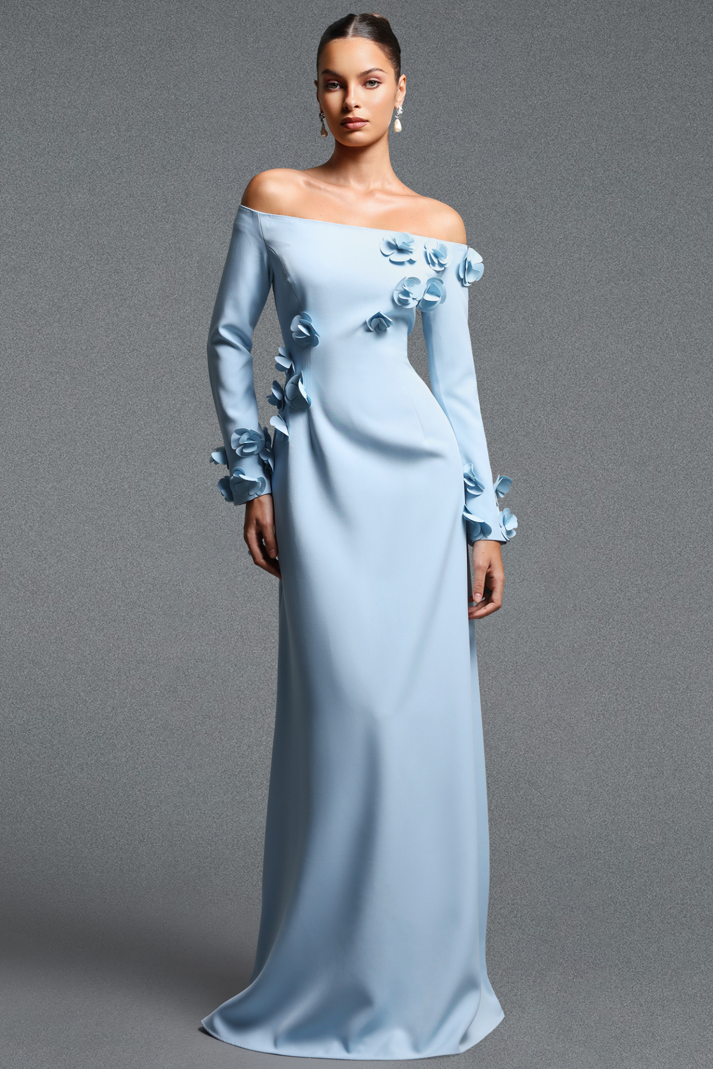 Vivienne Elegant Contour Off Shoulder Long Sleeve Floral Woven Maxi Dress