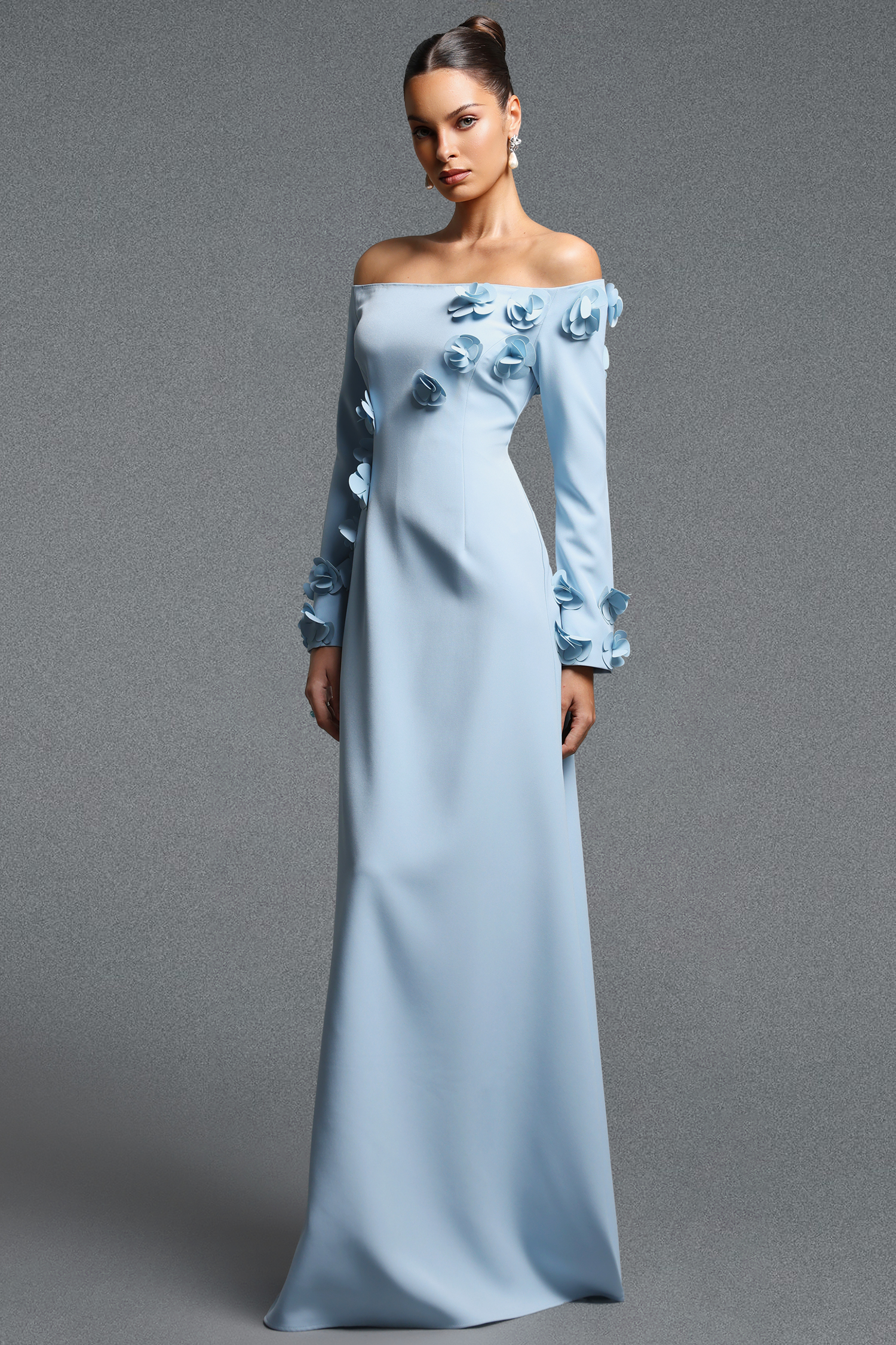 Vivienne Elegant Contour Off Shoulder Long Sleeve Floral Woven Maxi Dress