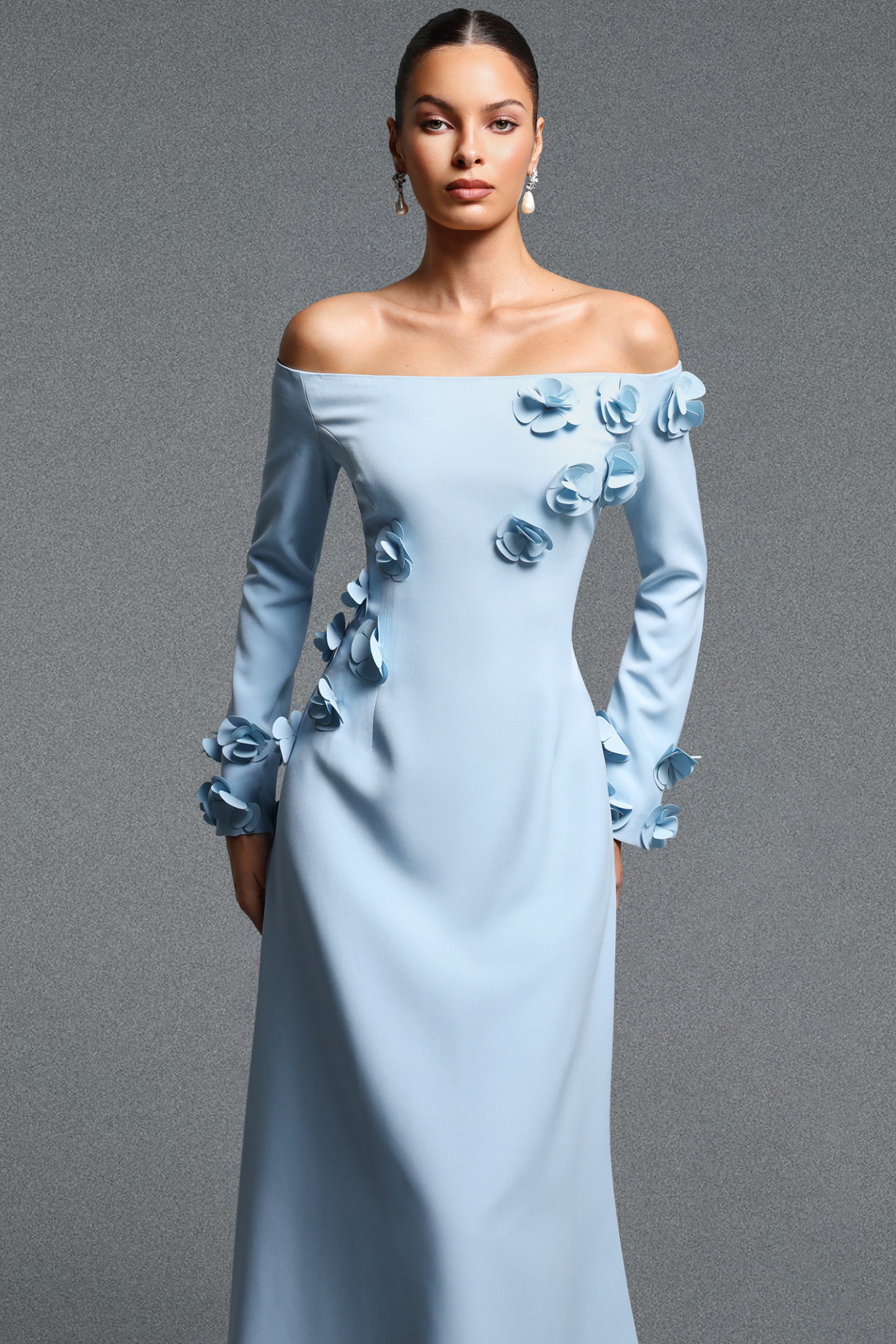 Vivienne Elegant Contour Off Shoulder Long Sleeve Floral Woven Maxi Dress