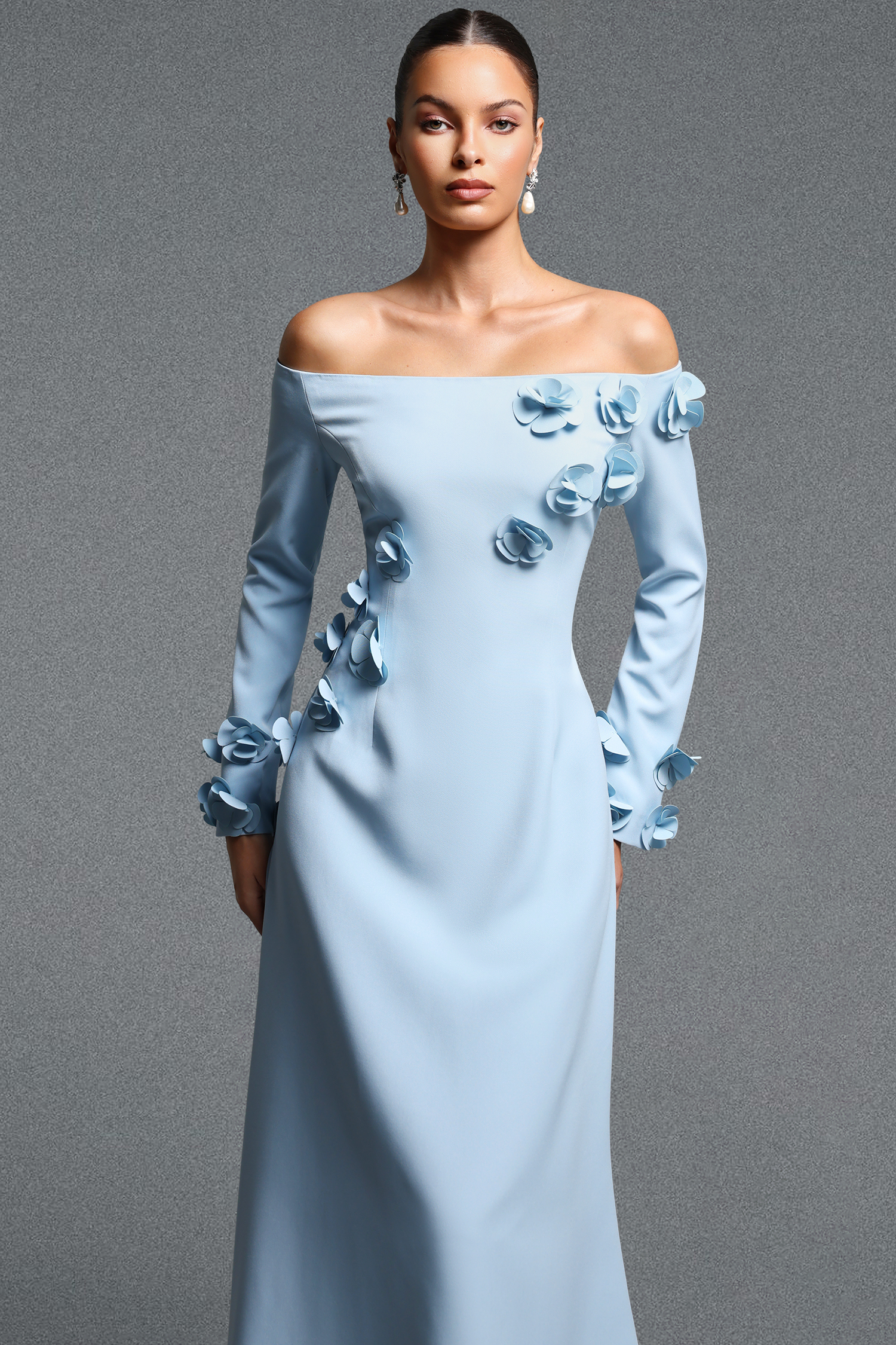 Vivienne Elegant Contour Off Shoulder Long Sleeve Floral Woven Maxi Dress