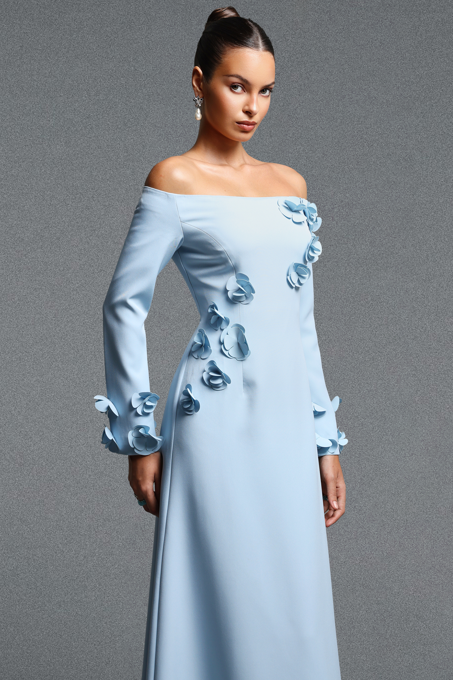 Vivienne Elegant Contour Off Shoulder Long Sleeve Floral Woven Maxi Dress