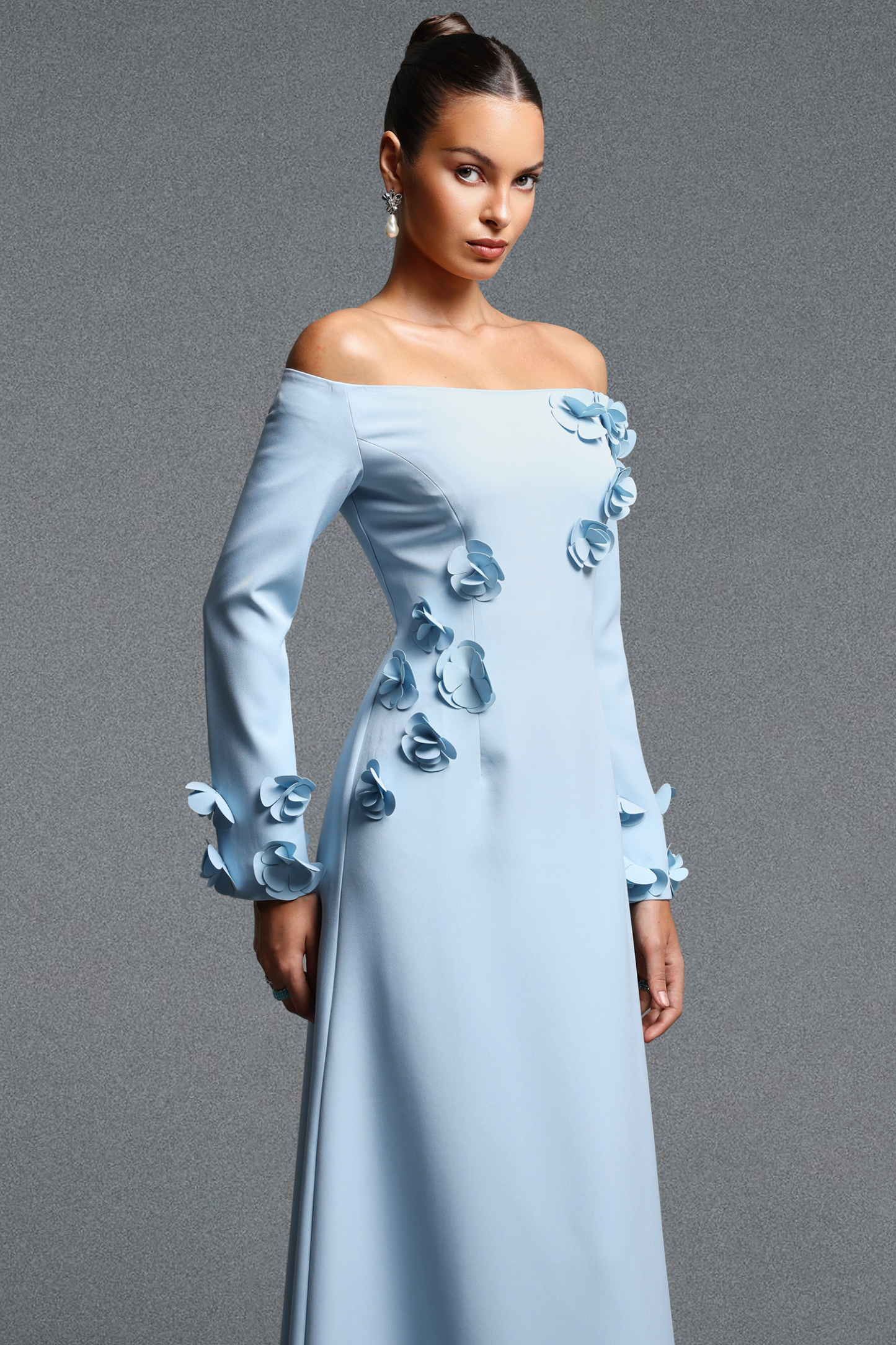Vivienne Elegant Contour Off Shoulder Long Sleeve Floral Woven Maxi Dress