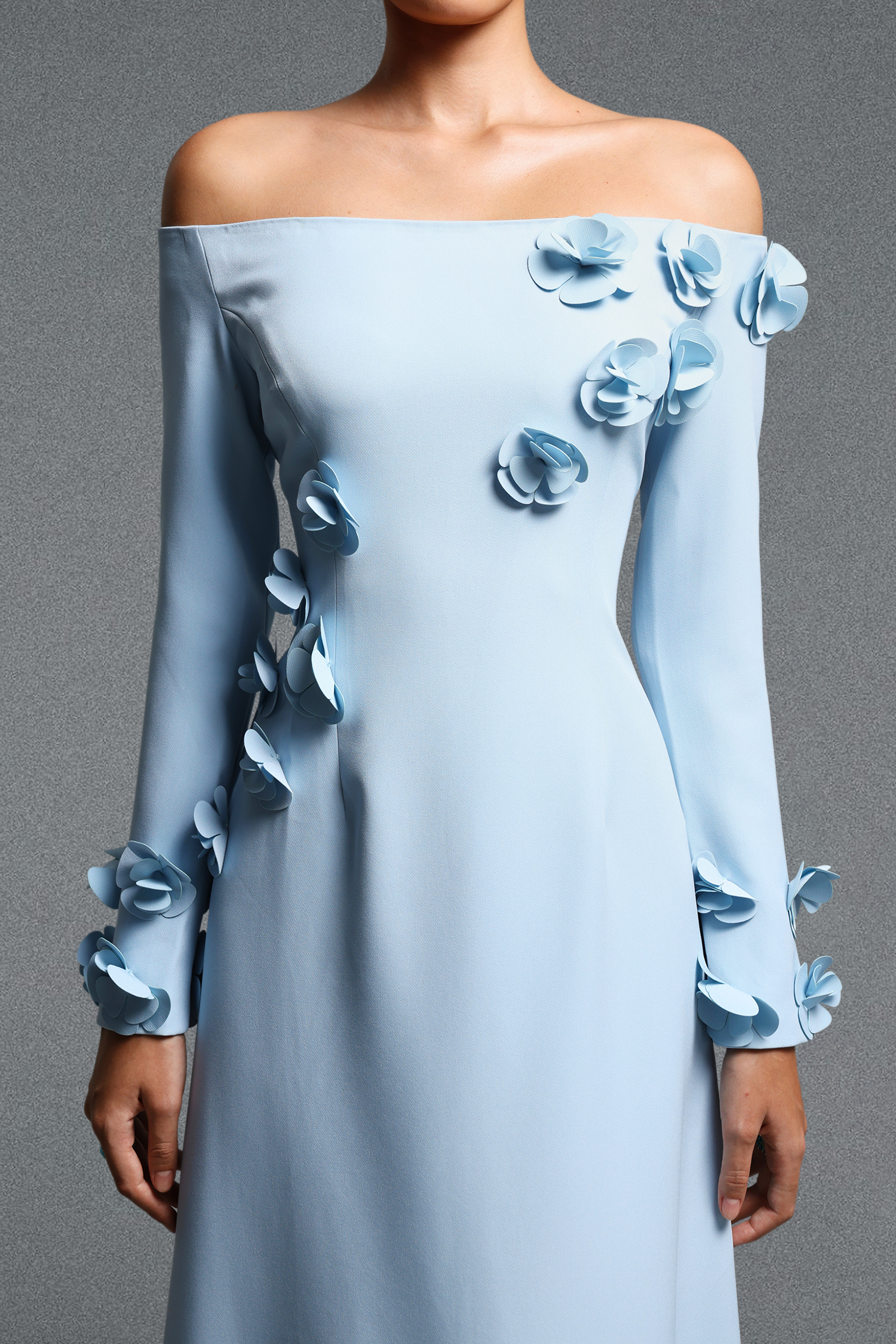 Vivienne Elegant Contour Off Shoulder Long Sleeve Floral Woven Maxi Dress