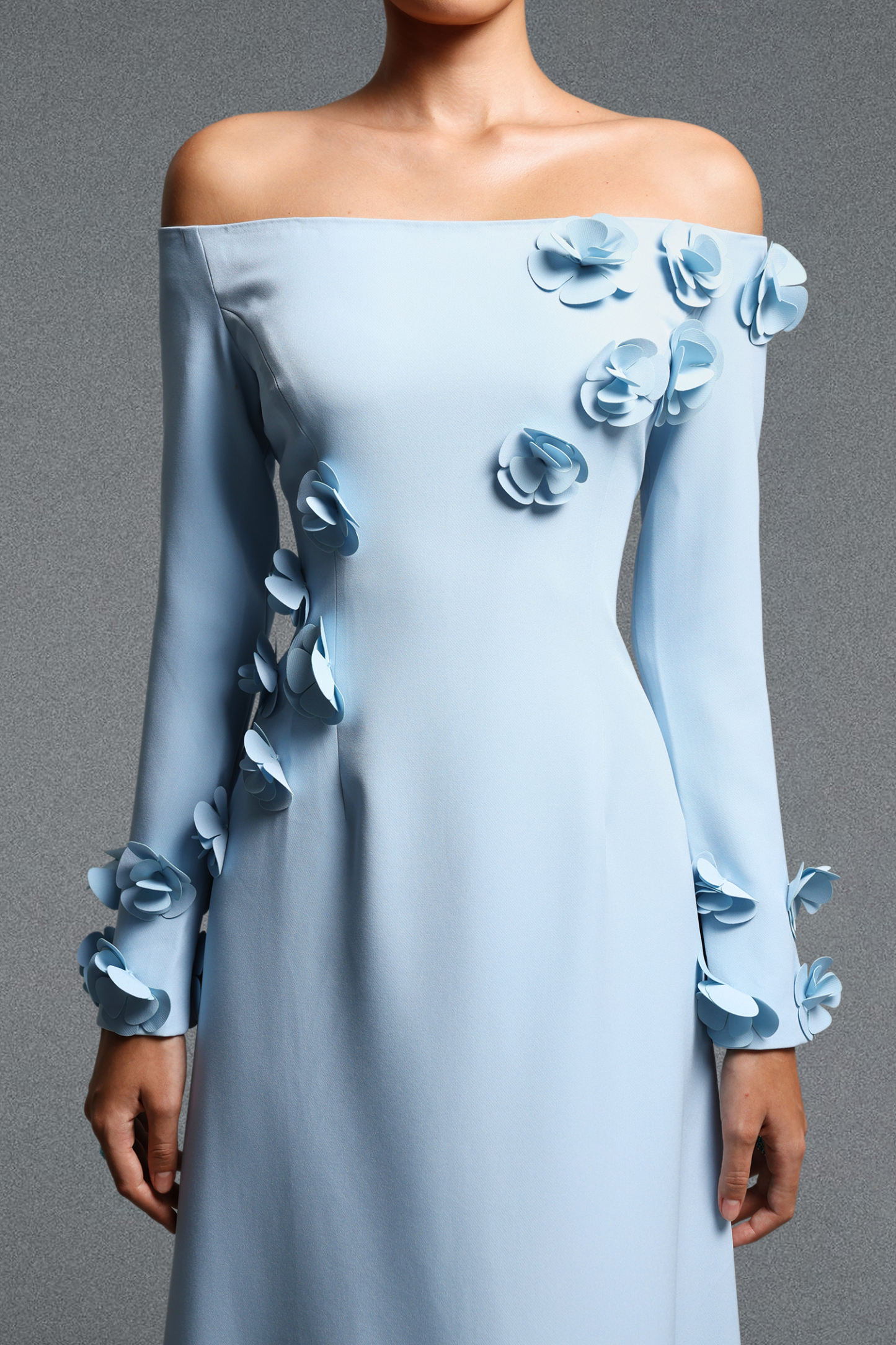 Vivienne Elegant Contour Off Shoulder Long Sleeve Floral Woven Maxi Dress