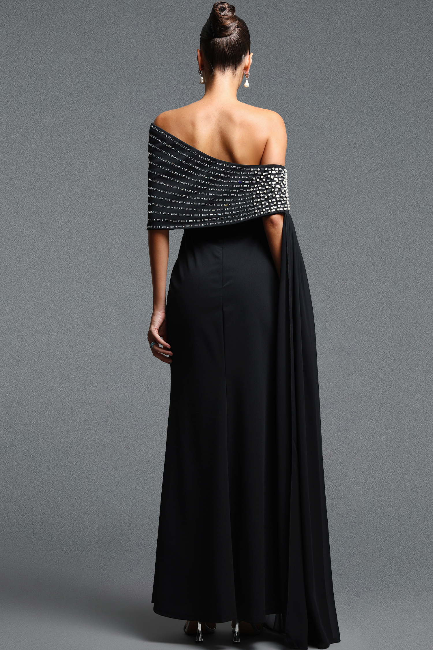 Molao Classic Elegant Off Shoulder Sash Rhinestone Beaded Pleated Maxi Dress