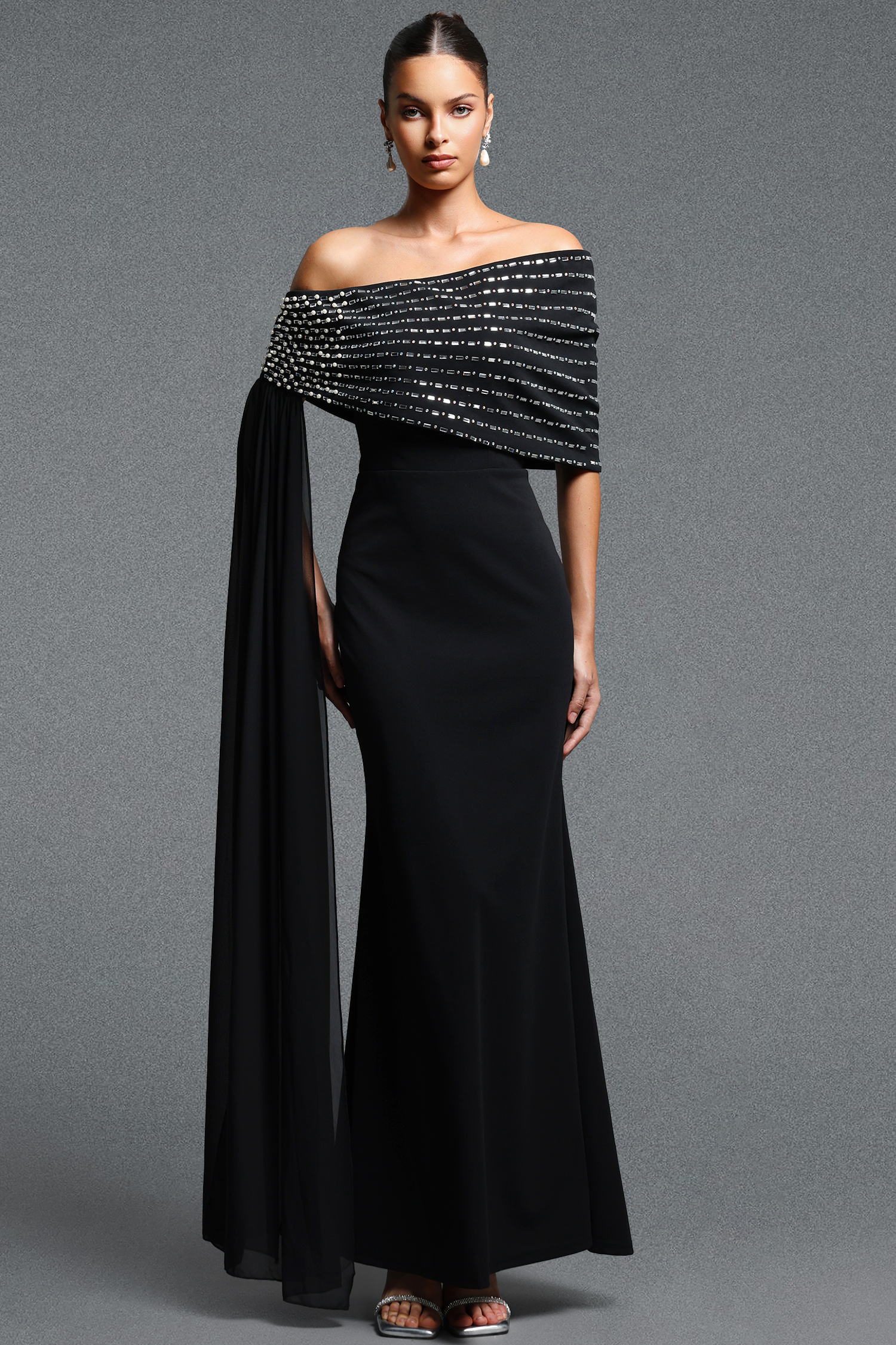 Molao Classic Elegant Off Shoulder Sash Rhinestone Beaded Pleated Maxi Dress
