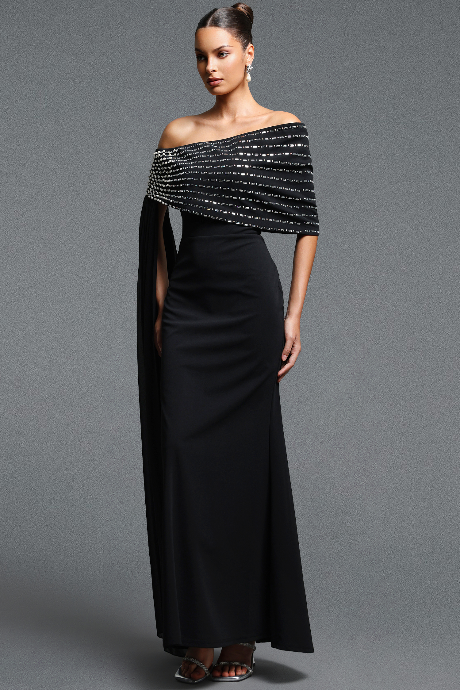 Molao Classic Elegant Off Shoulder Sash Rhinestone Beaded Pleated Maxi Dress