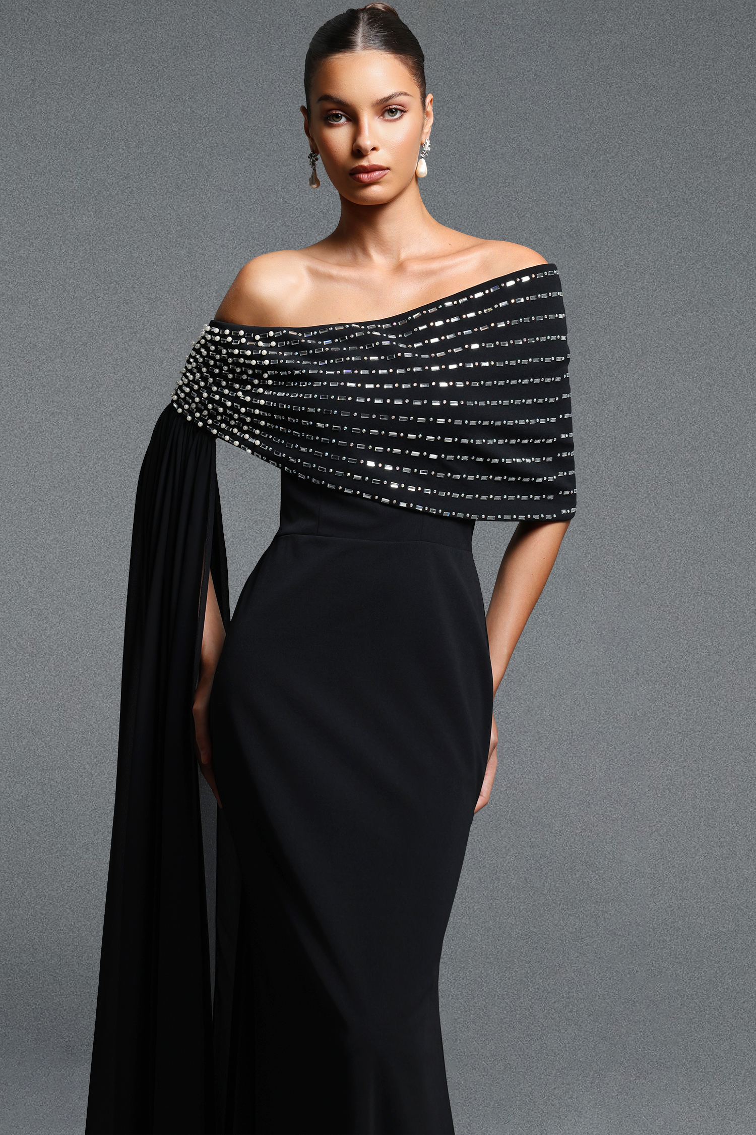 Molao Classic Elegant Off Shoulder Sash Rhinestone Beaded Pleated Maxi Dress