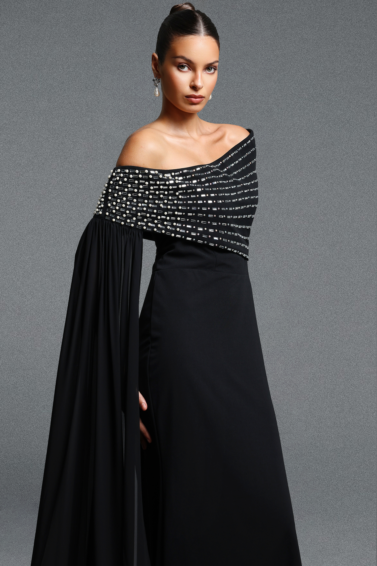 Molao Classic Elegant Off Shoulder Sash Rhinestone Beaded Pleated Maxi Dress