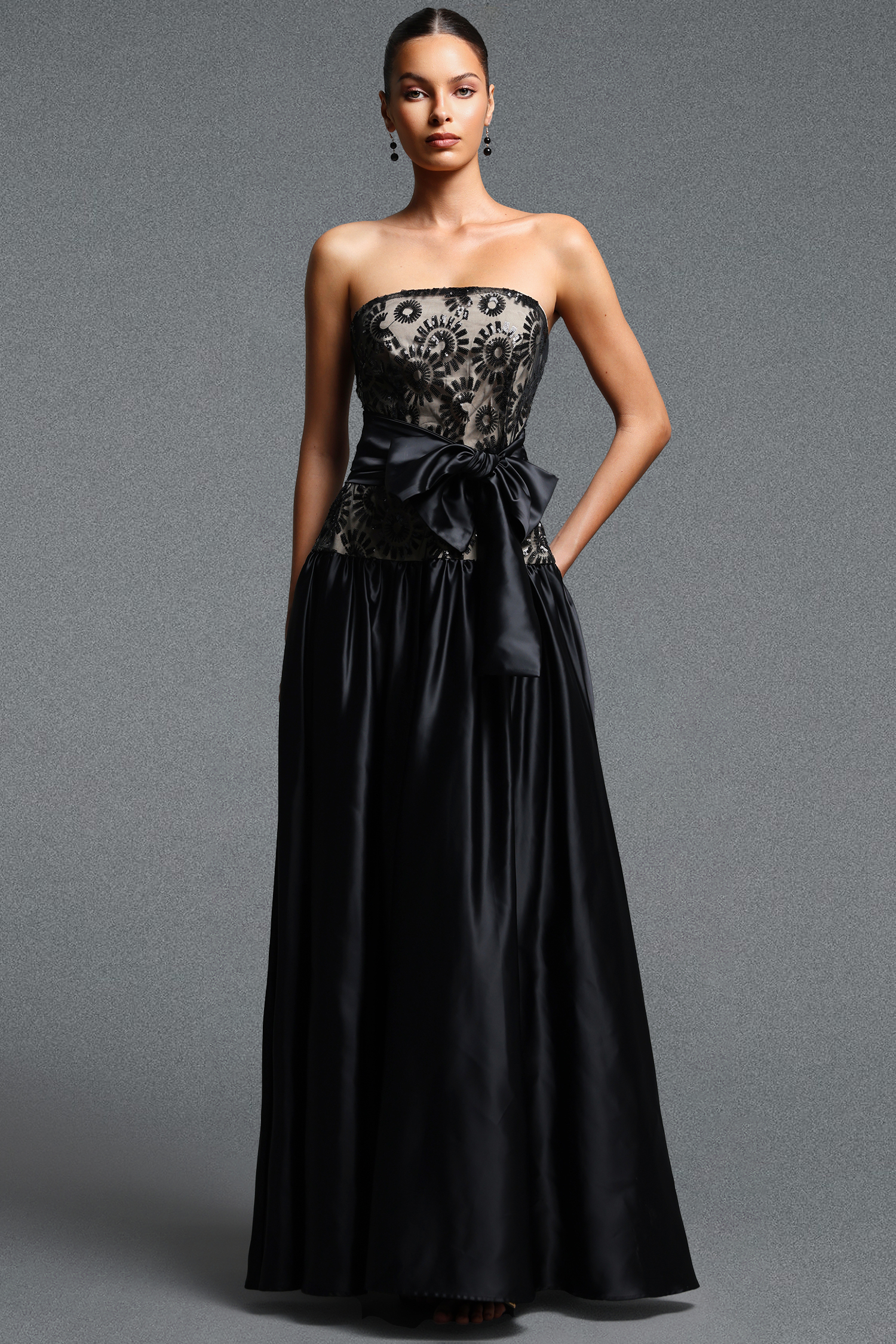 Ivory Classic Strapless Floral Bow Lace Maxi Dress