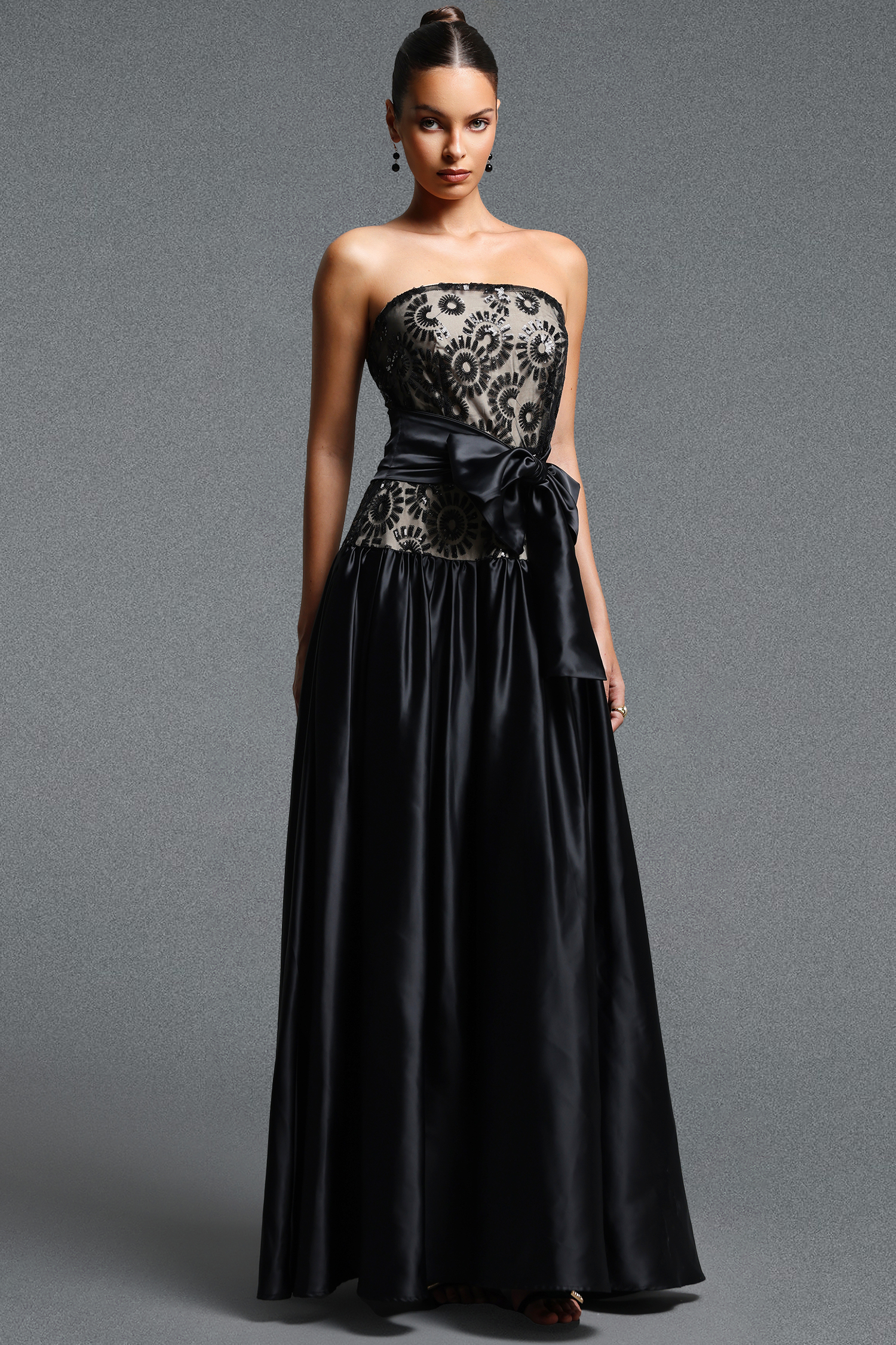 Ivory Classic Strapless Floral Bow Lace Maxi Dress