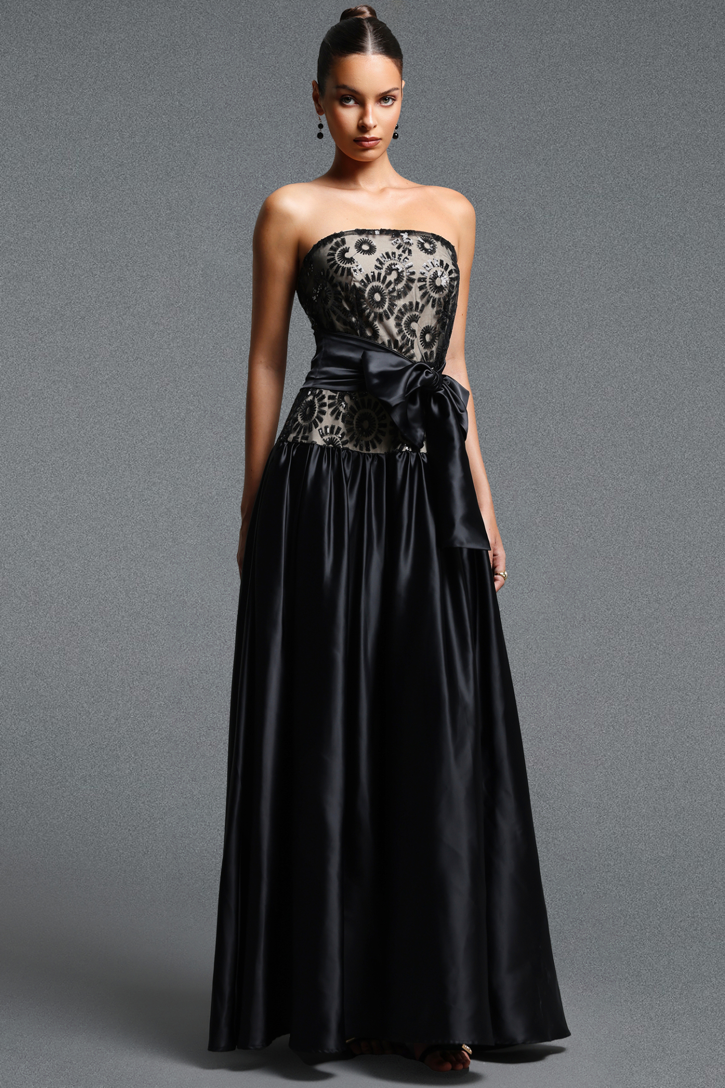 Ivory Classic Strapless Floral Bow Lace Maxi Dress