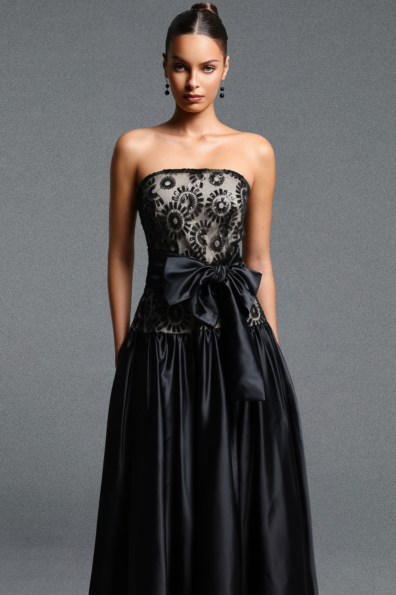 Ivory Classic Strapless Floral Bow Lace Maxi Dress