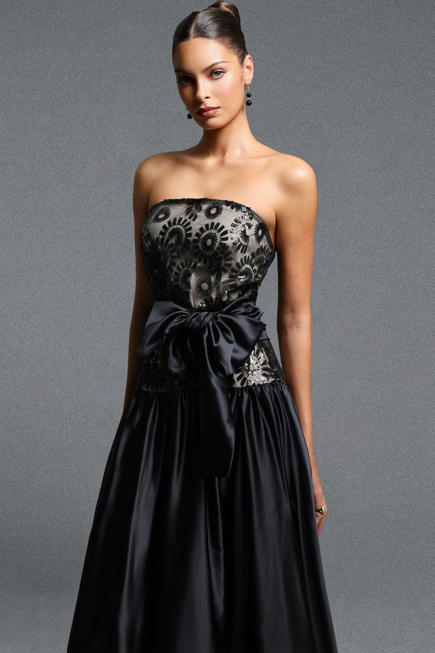 Ivory Classic Strapless Floral Bow Lace Maxi Dress