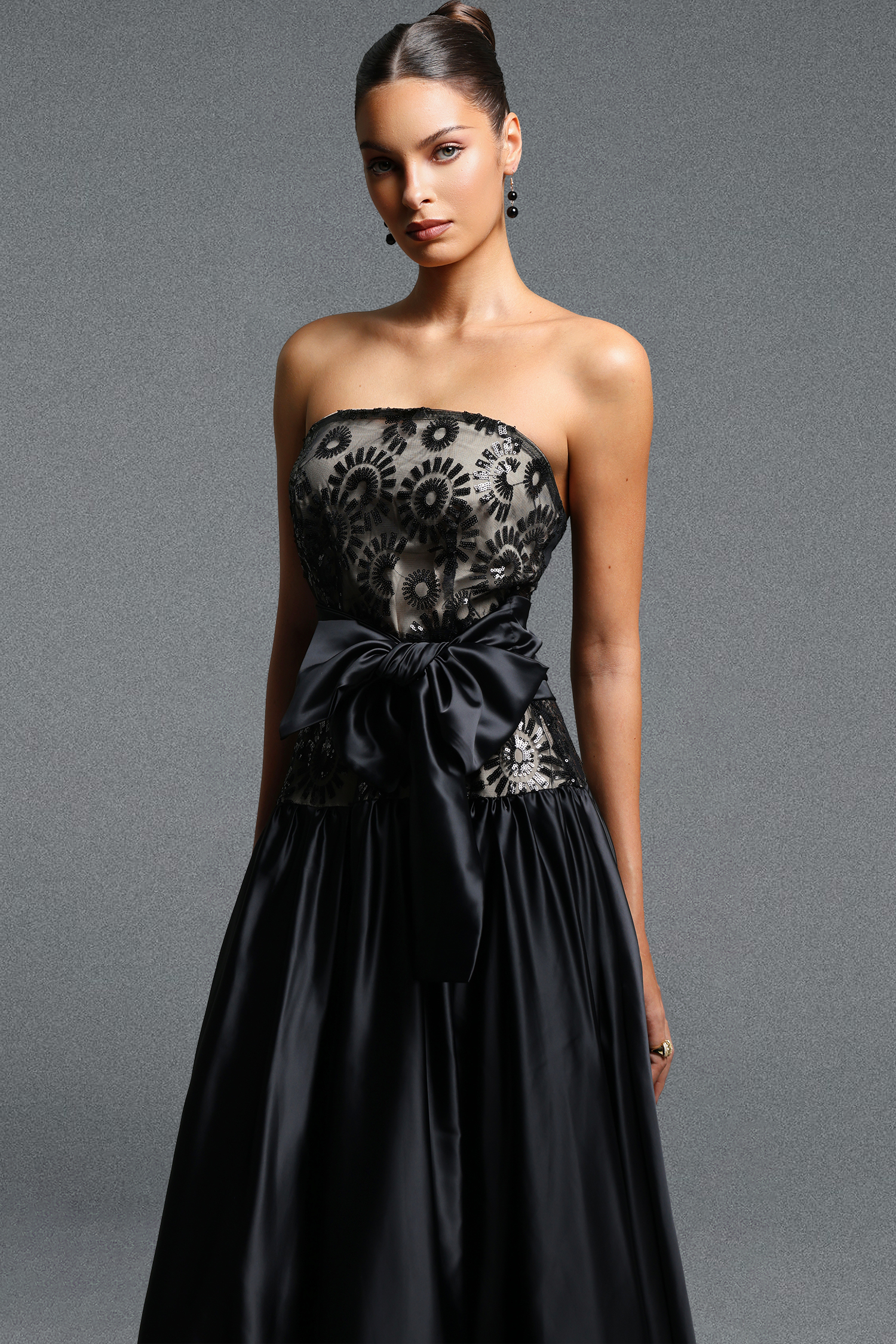 Ivory Classic Strapless Floral Bow Lace Maxi Dress