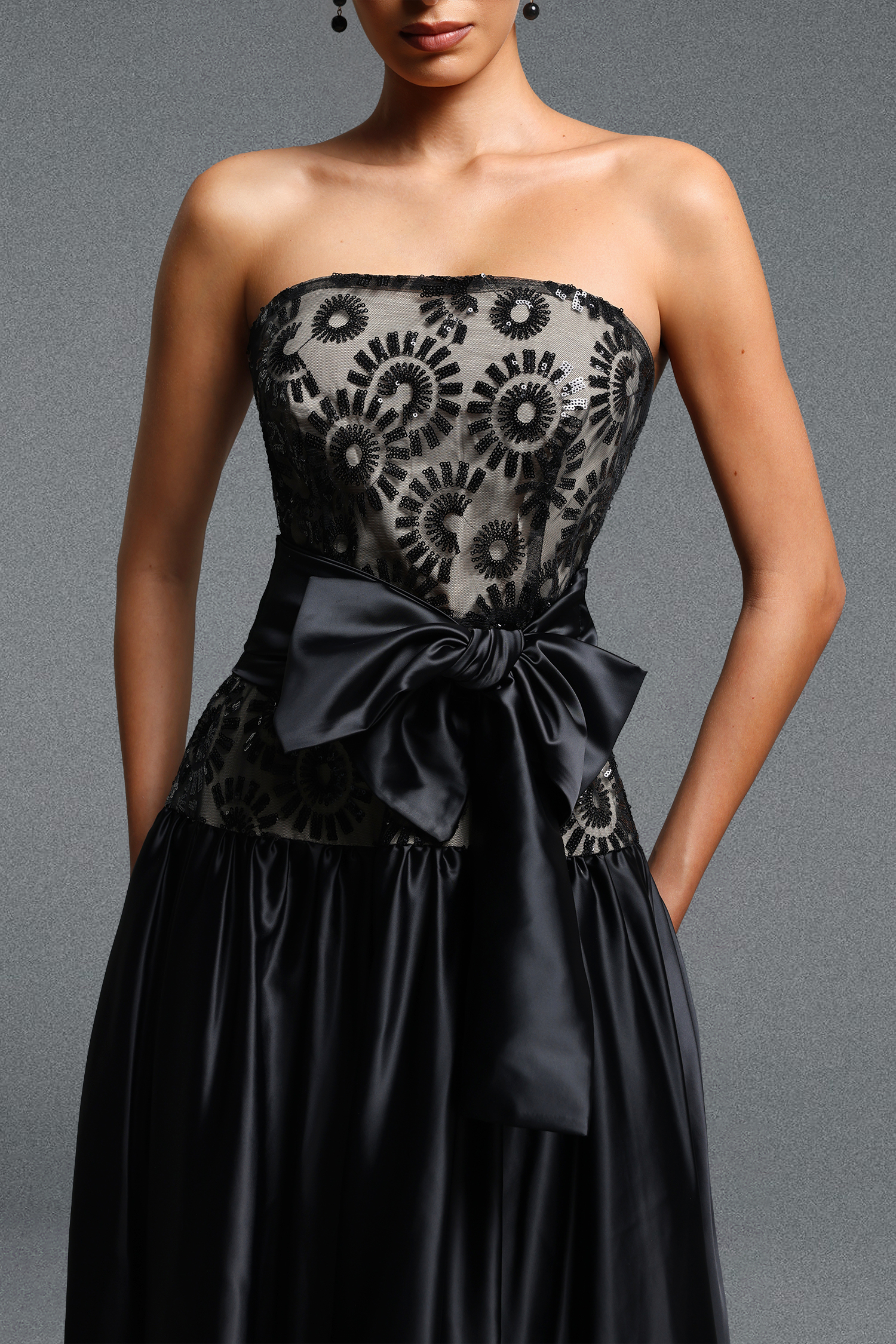 Ivory Classic Strapless Floral Bow Lace Maxi Dress