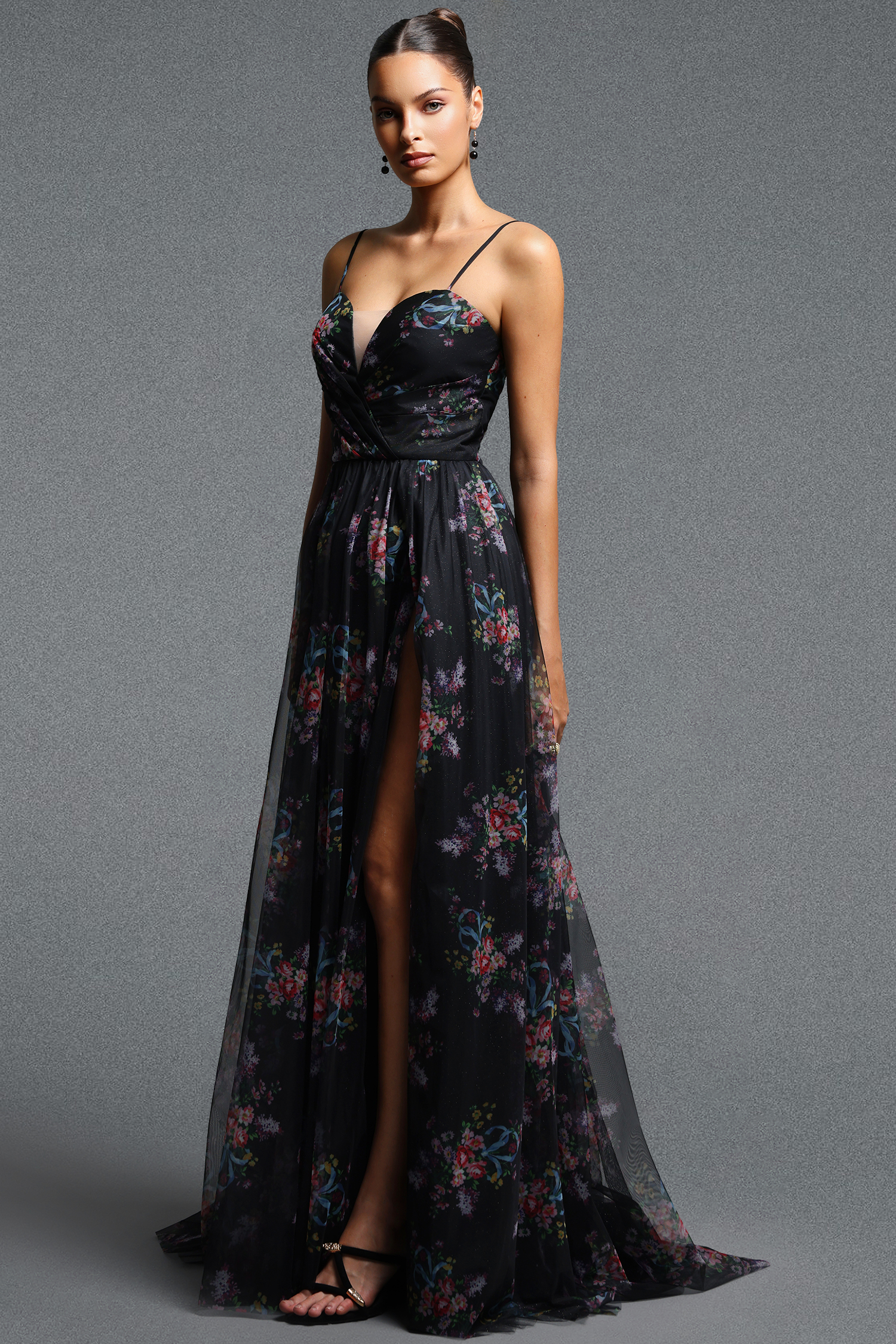 Lzada Elegant Flowy Strap Floral Print High Slit Mesh Maxi Dress