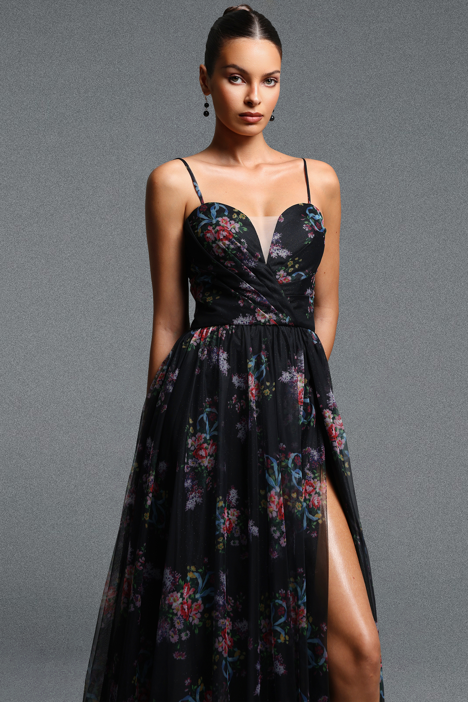 Lzada Elegant Flowy Strap Floral Print High Slit Mesh Maxi Dress