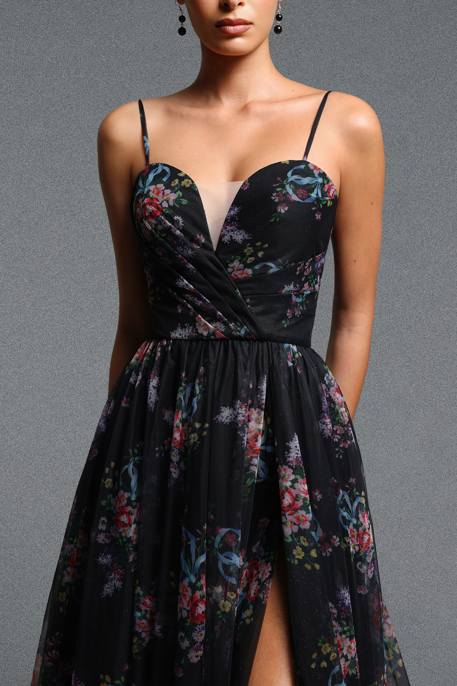 Lzada Elegant Flowy Strap Floral Print High Slit Mesh Maxi Dress