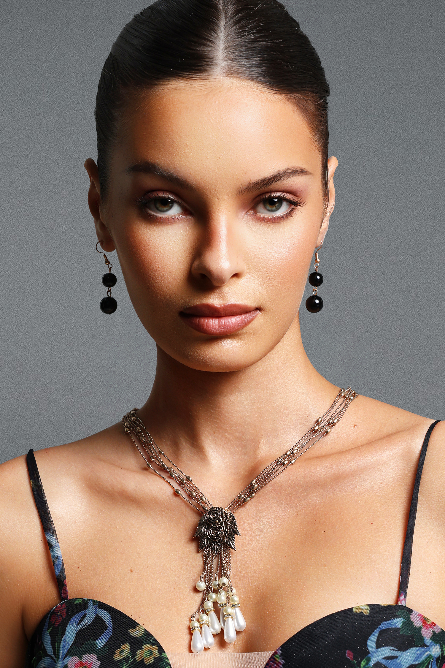 Wola Vintage Multi Layer Leaf Floral Pearl Tassel Necklace