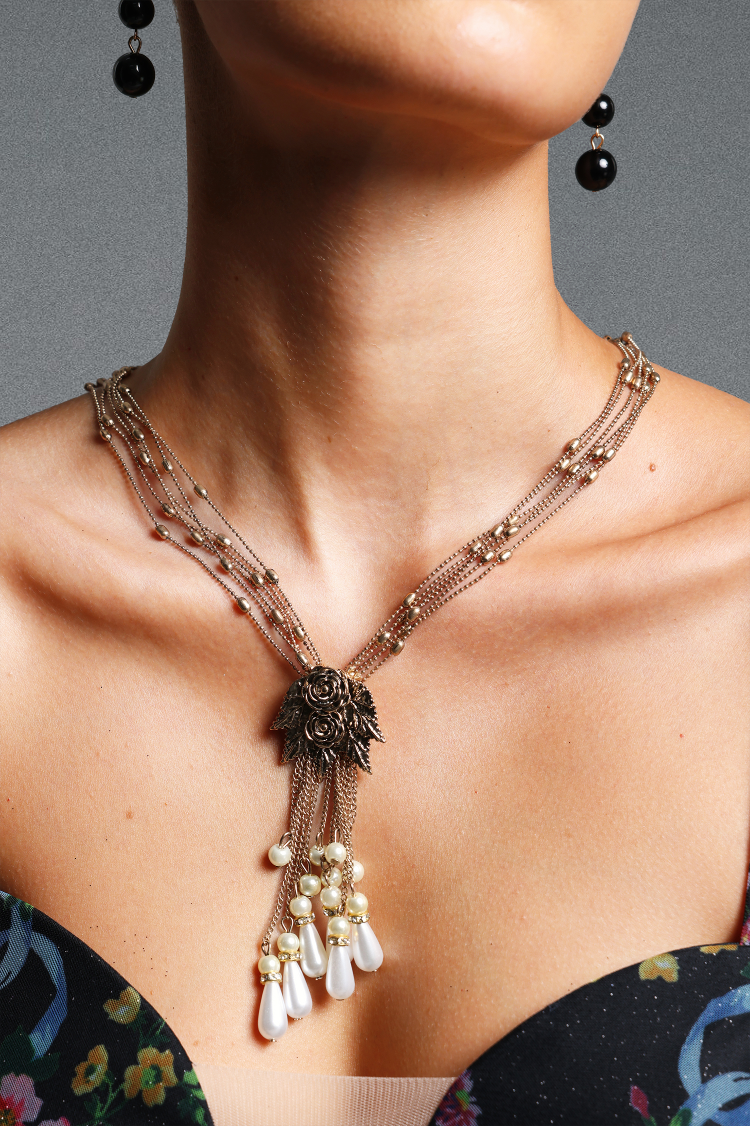 Wola Vintage Multi Layer Leaf Floral Pearl Tassel Necklace