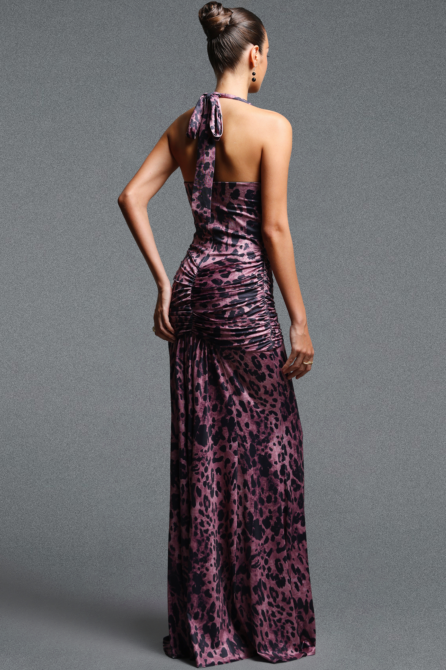 Jacova Sexy Contour Halter V Neck Ruched Printed Knit Maxi Dress