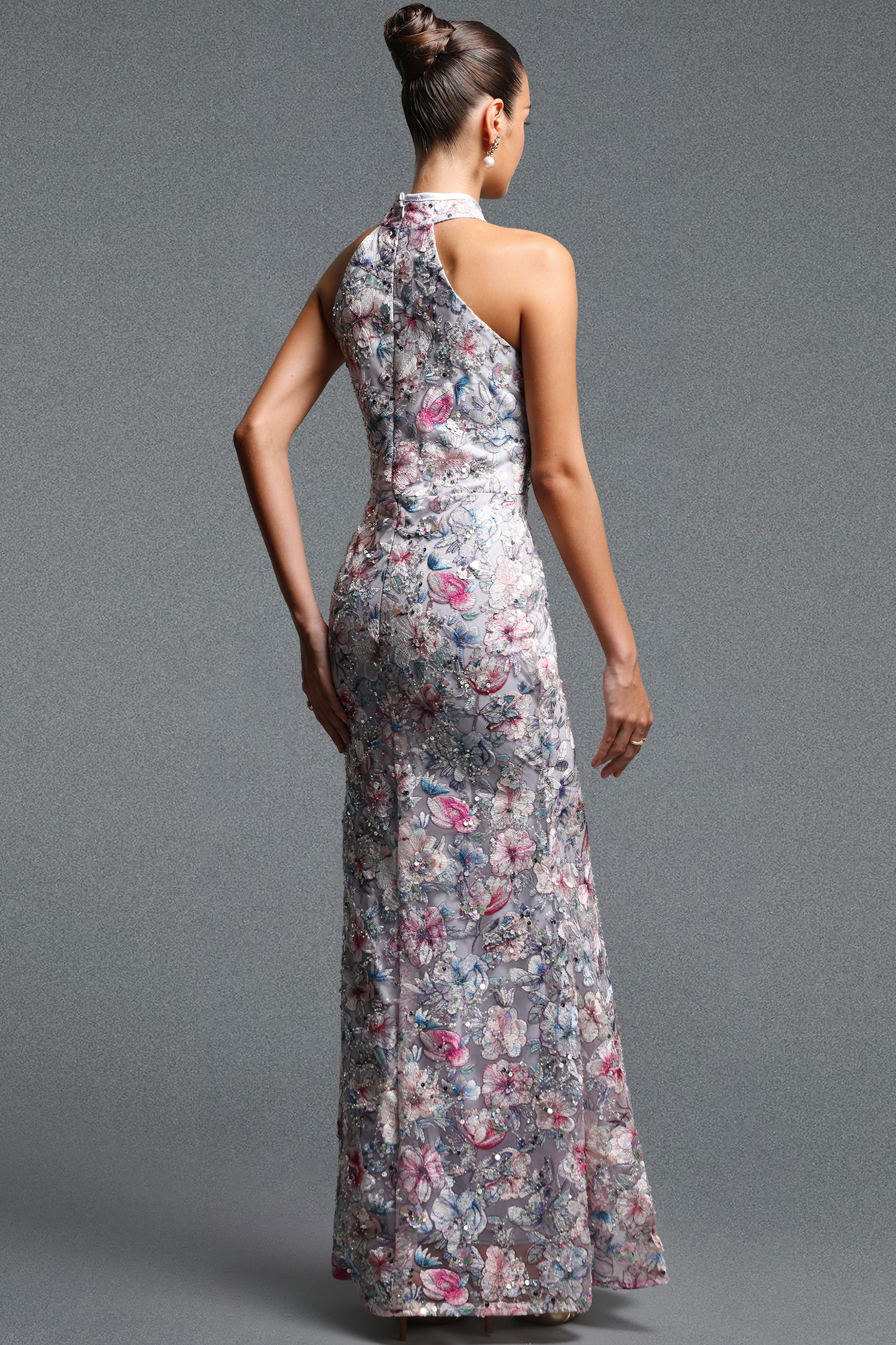 Reye Elegant Contour Halter Tassel Floral Sequin Maxi Dress