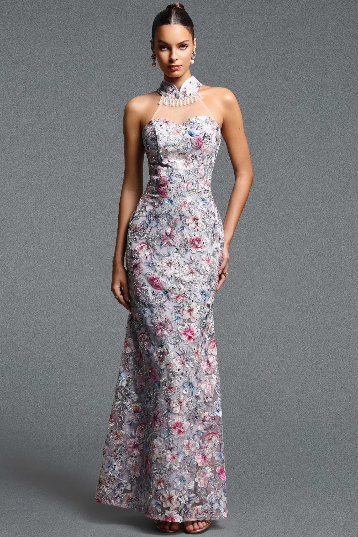 Reye Elegant Contour Halter Tassel Floral Sequin Maxi Dress