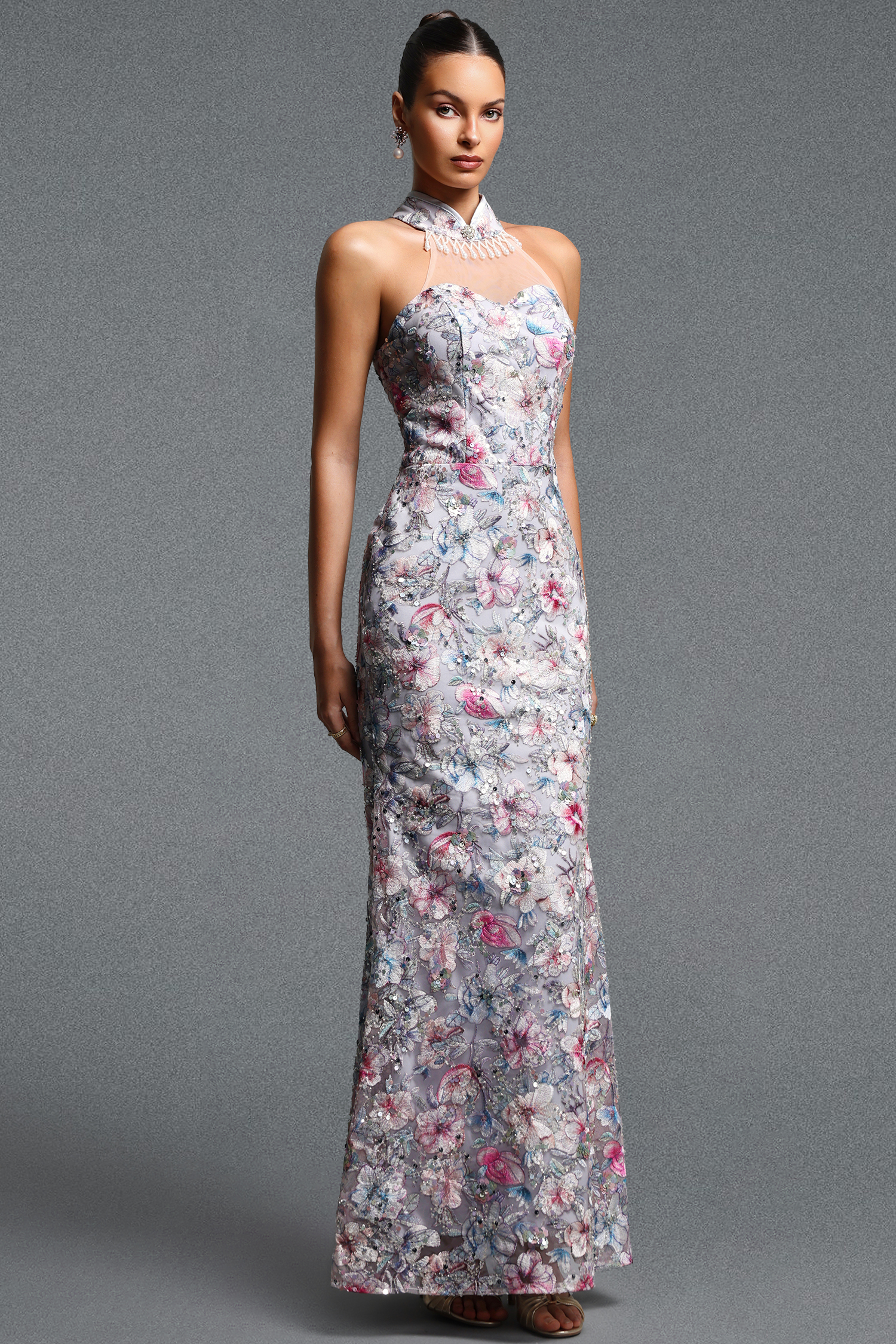 Reye Elegant Contour Halter Tassel Floral Sequin Maxi Dress