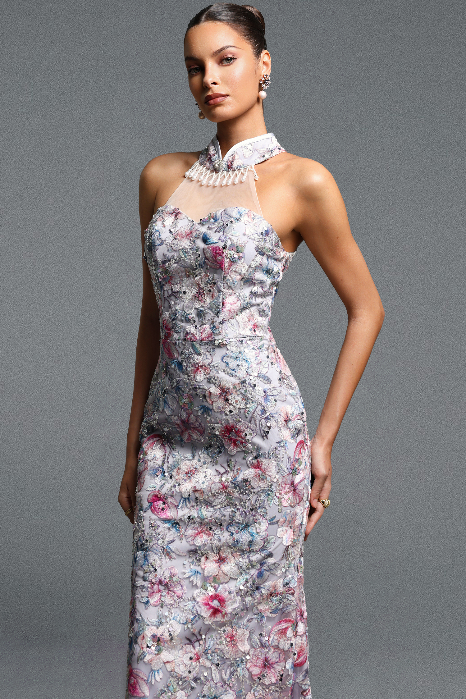Reye Elegant Contour Halter Tassel Floral Sequin Maxi Dress
