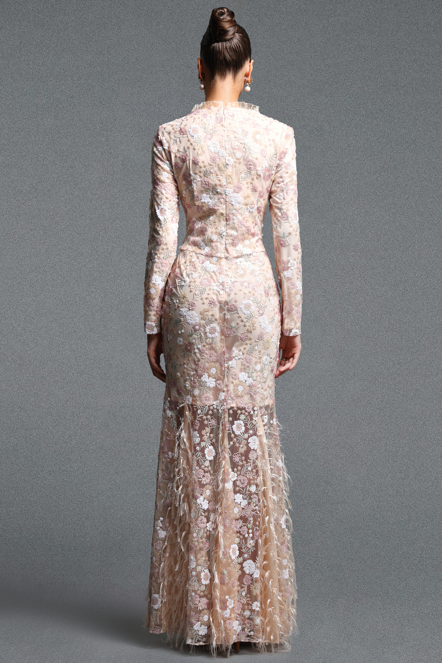 Sareza Classic Contour V Neck Long Sleeve Floral Embroidery Sequin Feather Maxi Dress