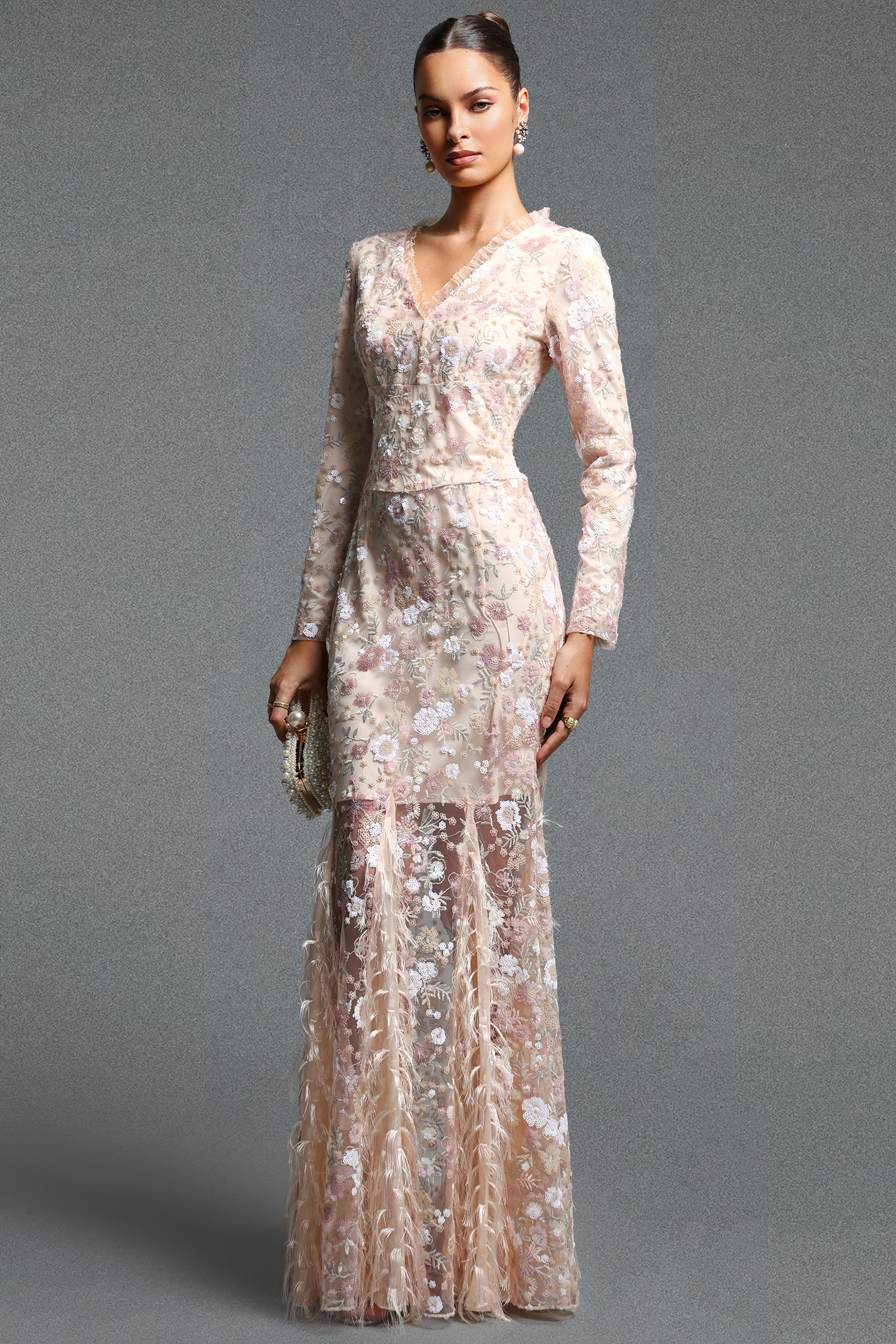 Sareza Classic Contour V Neck Long Sleeve Floral Embroidery Sequin Feather Maxi Dress