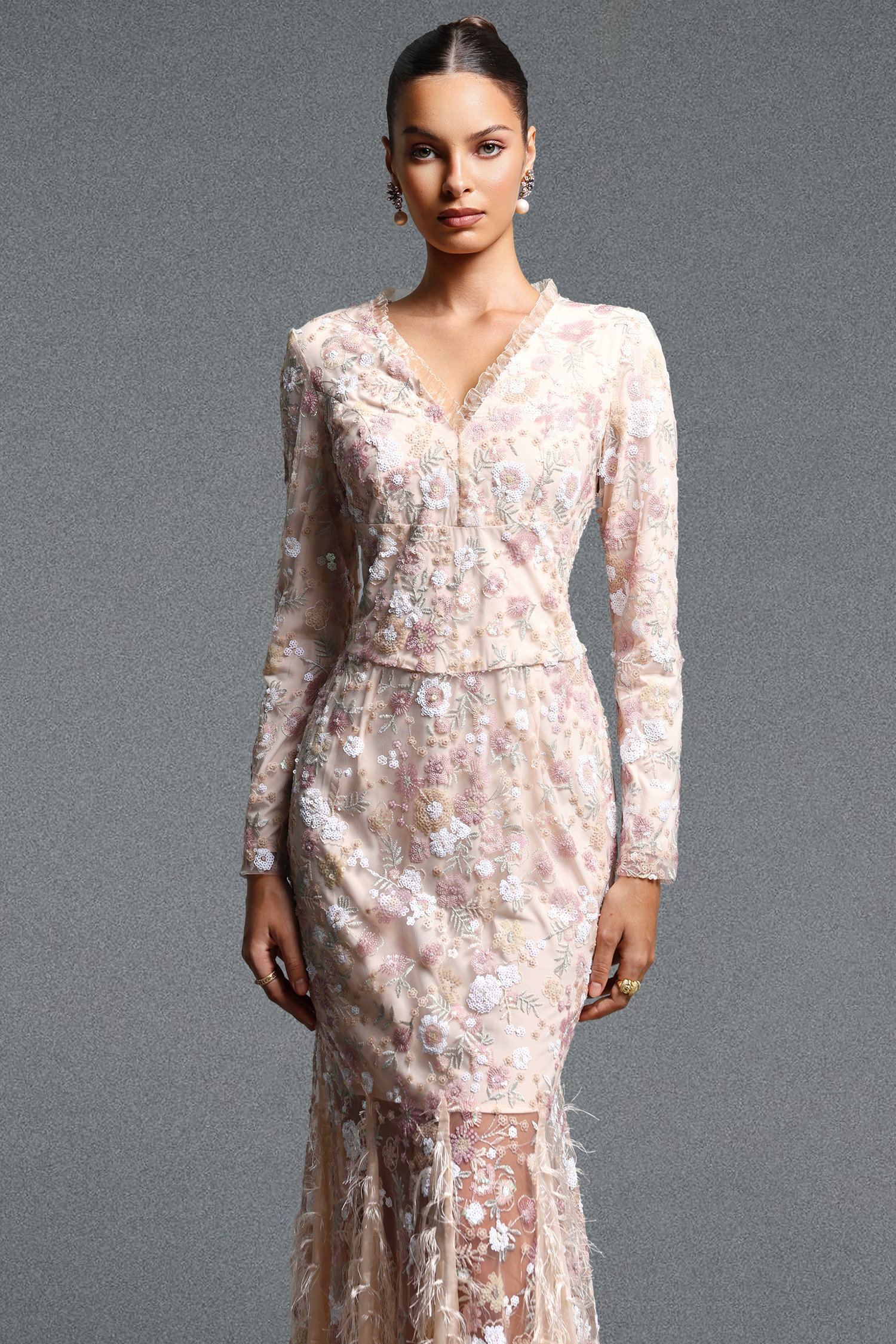 Sareza Classic Contour V Neck Long Sleeve Floral Embroidery Sequin Feather Maxi Dress