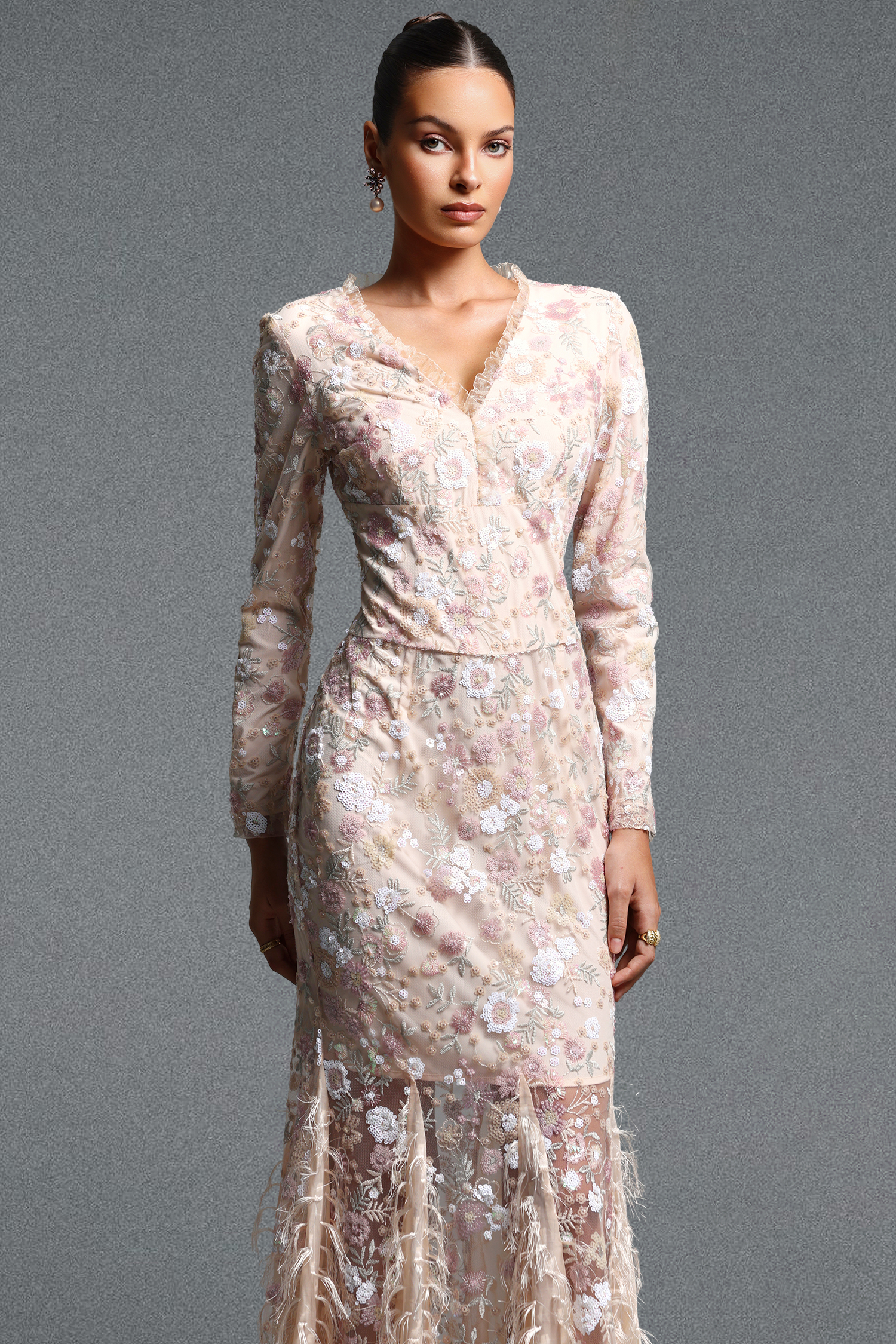 Sareza Classic Contour V Neck Long Sleeve Floral Embroidery Sequin Feather Maxi Dress