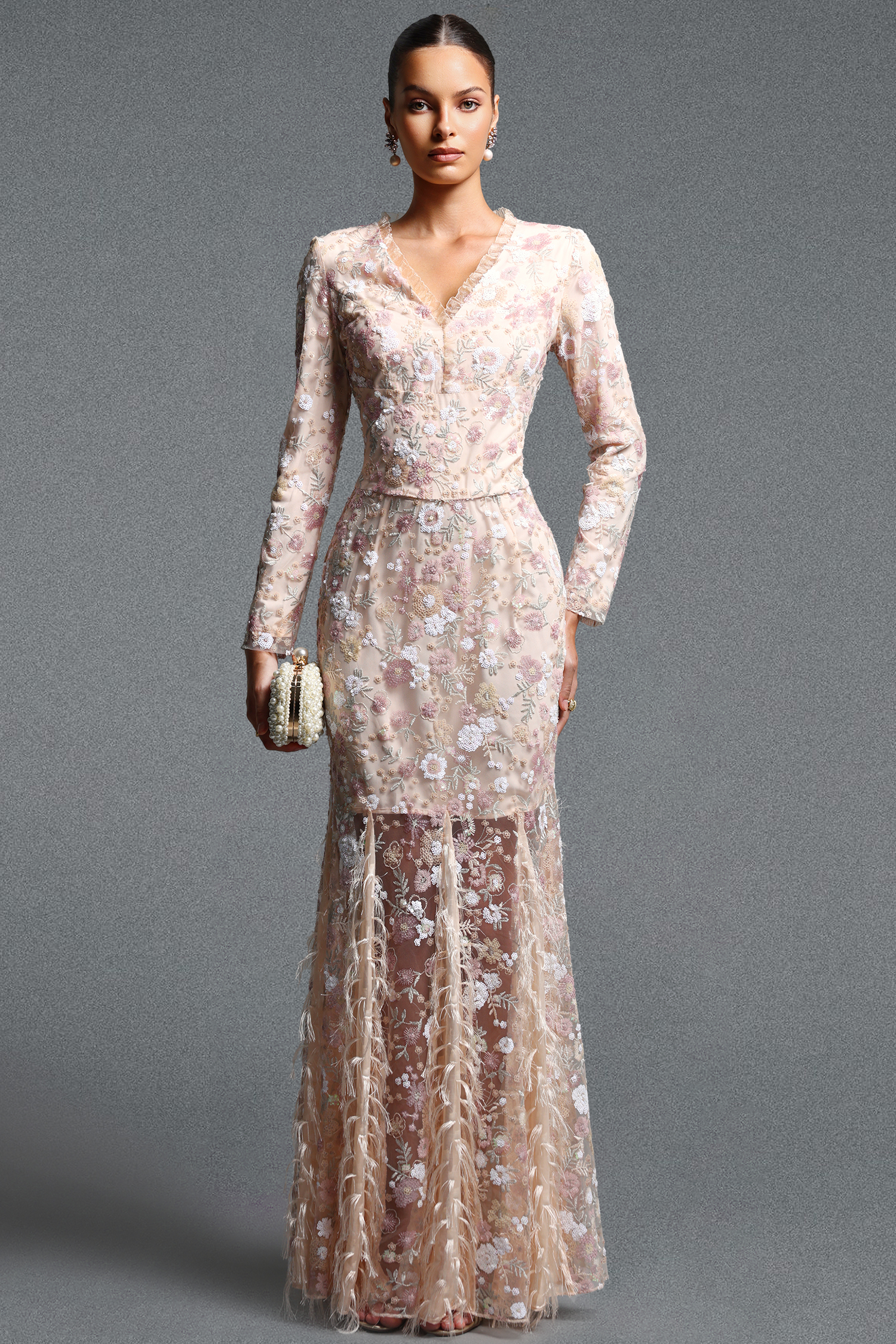 Sareza Classic Contour V Neck Long Sleeve Floral Embroidery Sequin Feather Maxi Dress