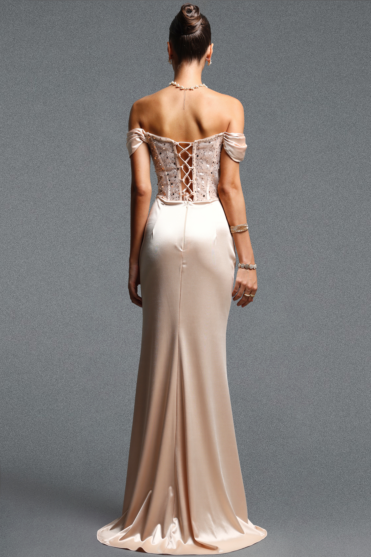 Kavaza Elegant Luxury Off Shoulder Ruched Rhinestone Slit Satin Maxi Dress