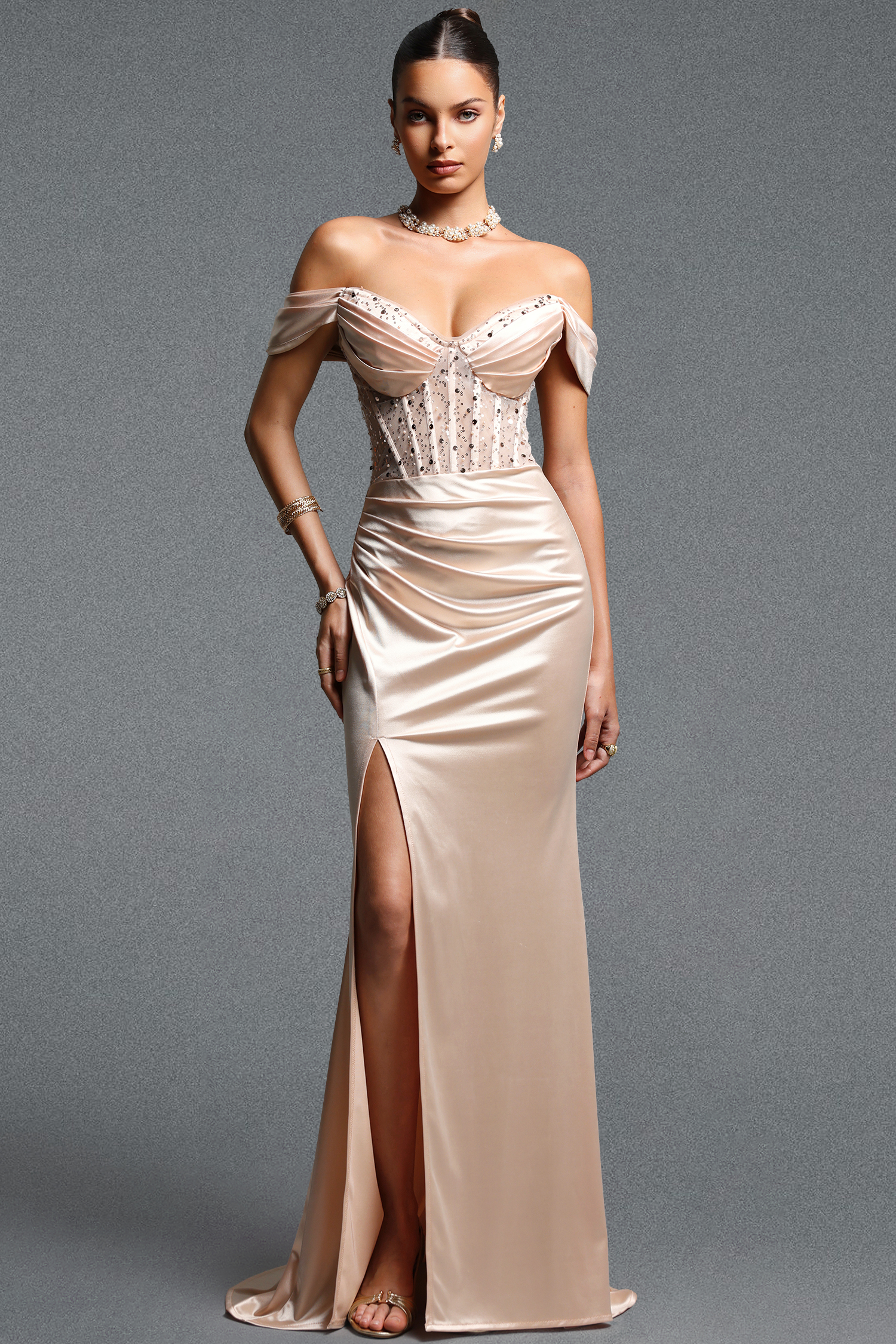 Kavaza Elegant Luxury Off Shoulder Ruched Rhinestone Slit Satin Maxi Dress