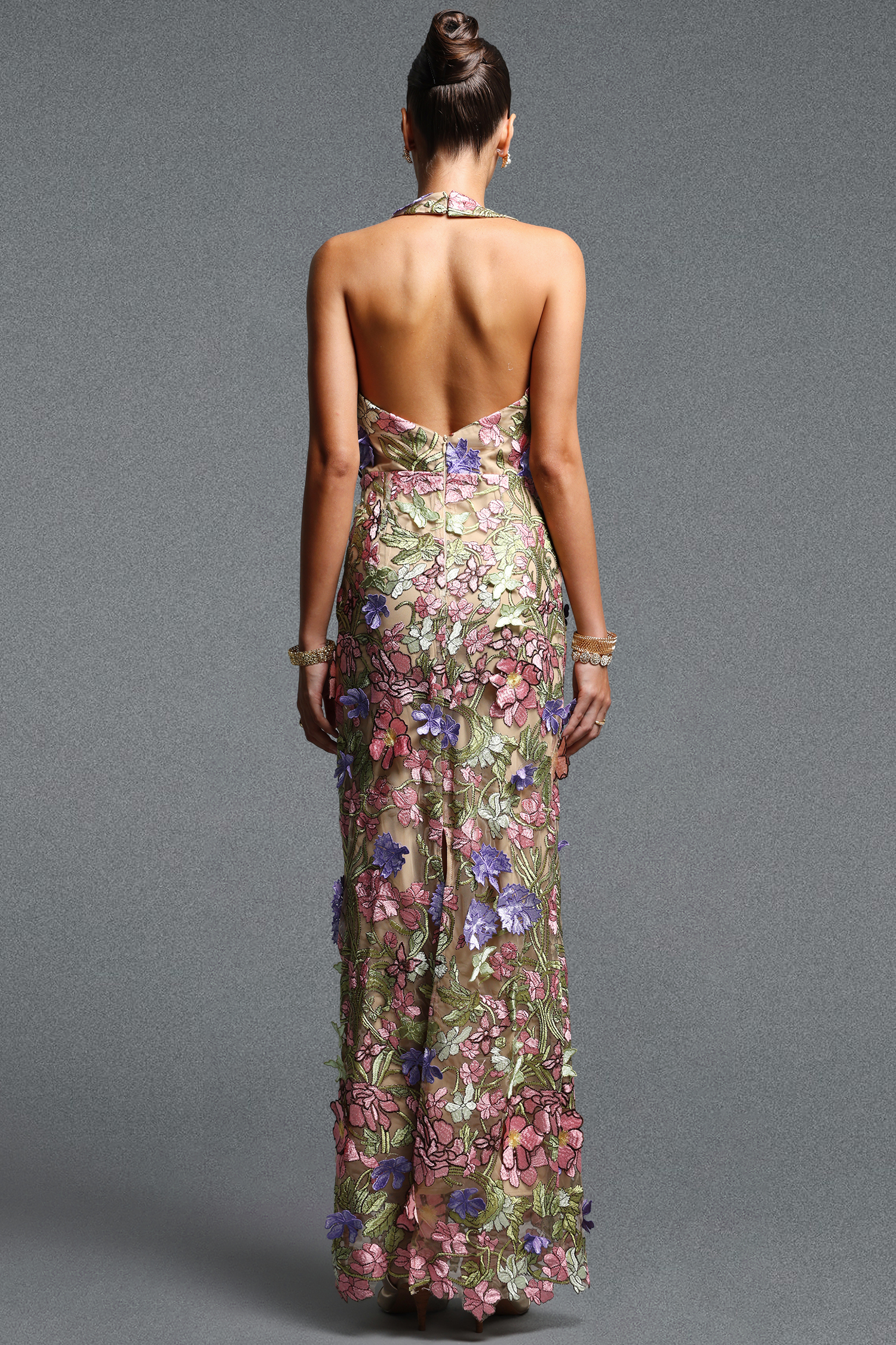 Sofia Classic Contour Turtleneck Sleeveless Floral Embroidery Maxi Dress