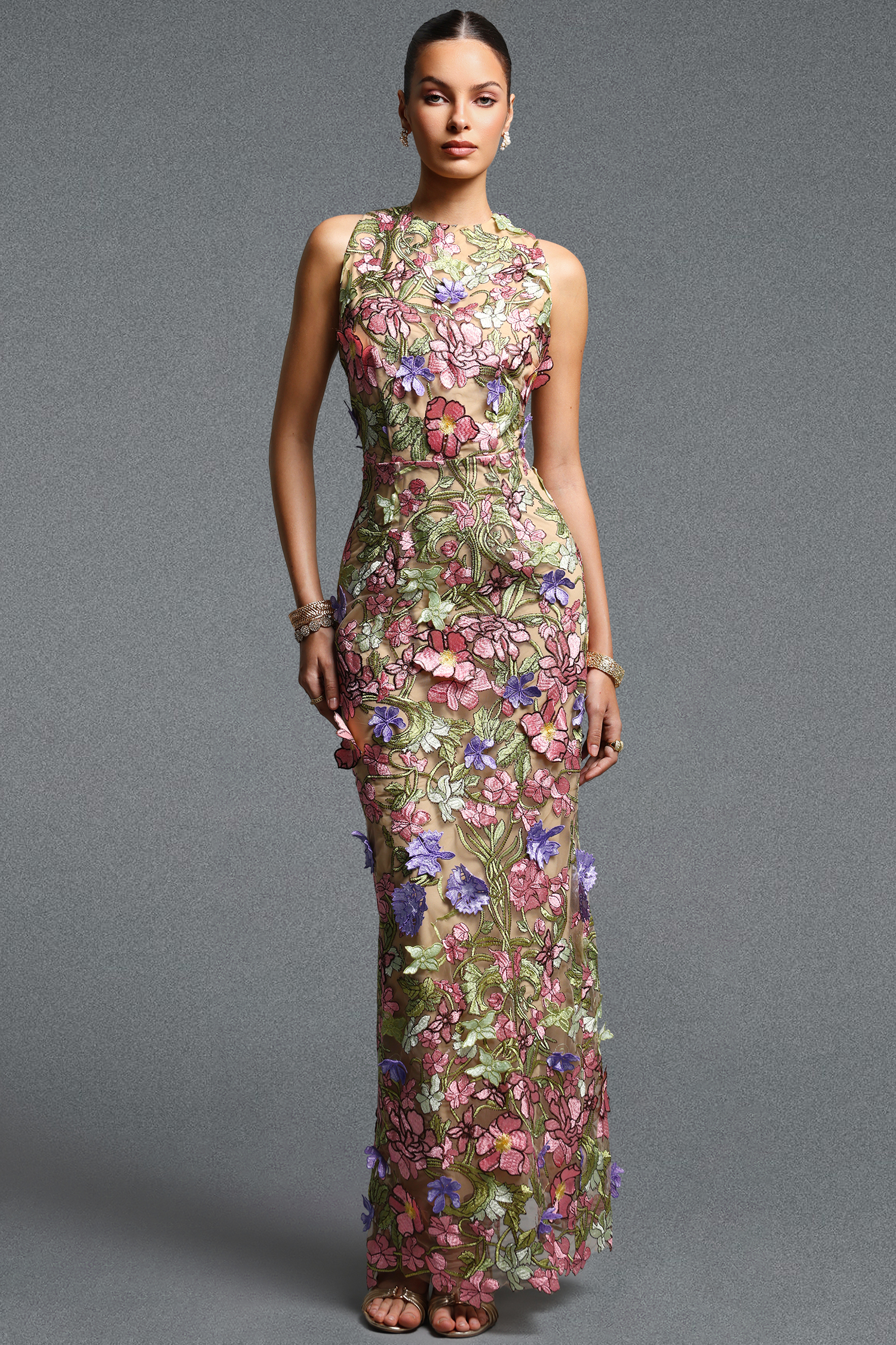 Sofia Classic Contour Turtleneck Sleeveless Floral Embroidery Maxi Dress