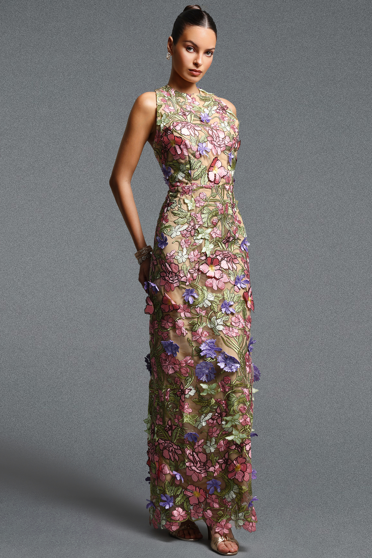 Sofia Classic Contour Turtleneck Sleeveless Floral Embroidery Maxi Dress