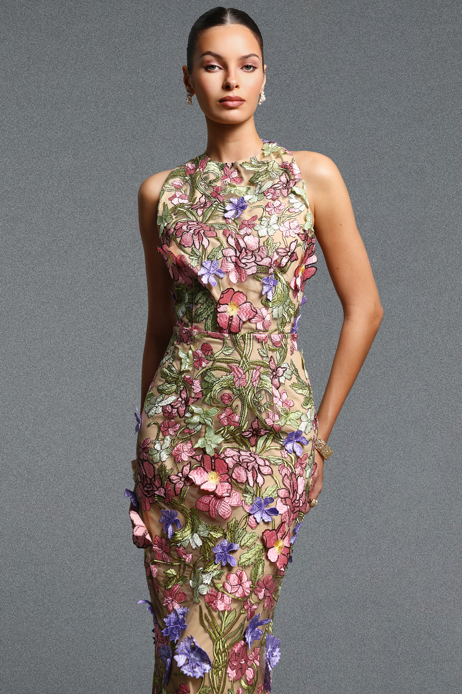 Sofia Classic Contour Turtleneck Sleeveless Floral Embroidery Maxi Dress