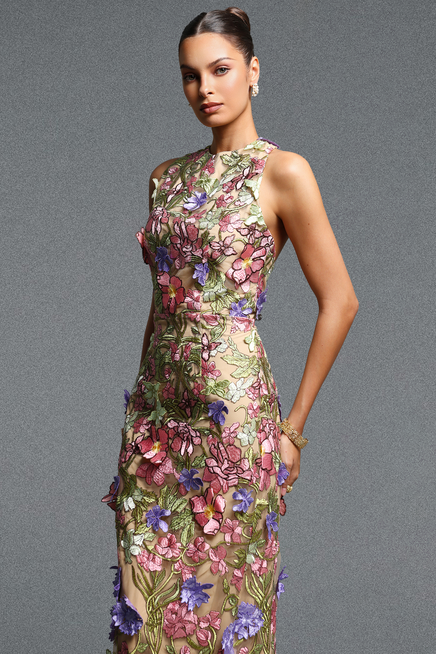 Sofia Classic Contour Turtleneck Sleeveless Floral Embroidery Maxi Dress
