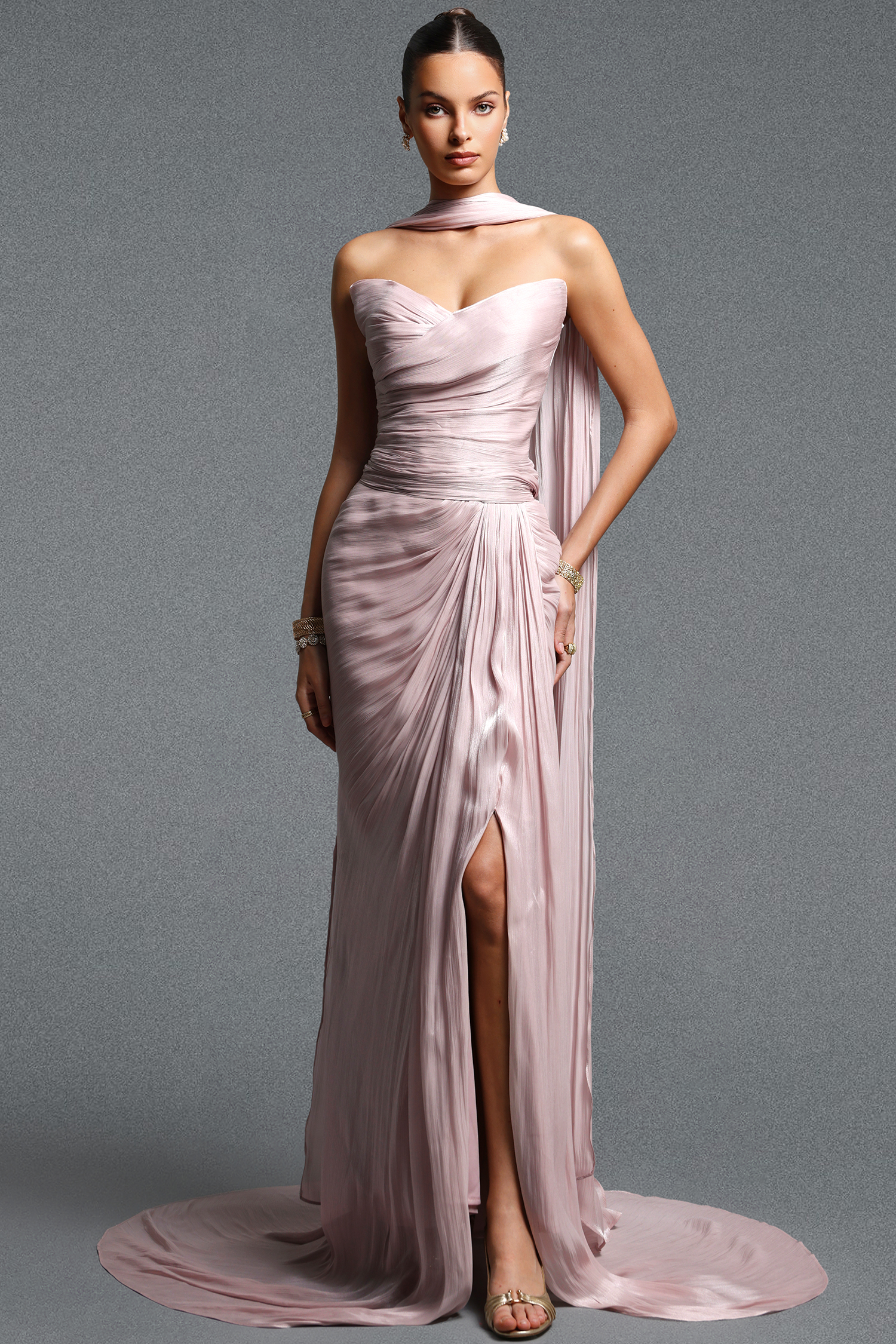 Parry Elegant Flowy Strapless Sleeveless Ruched Maxi Dress