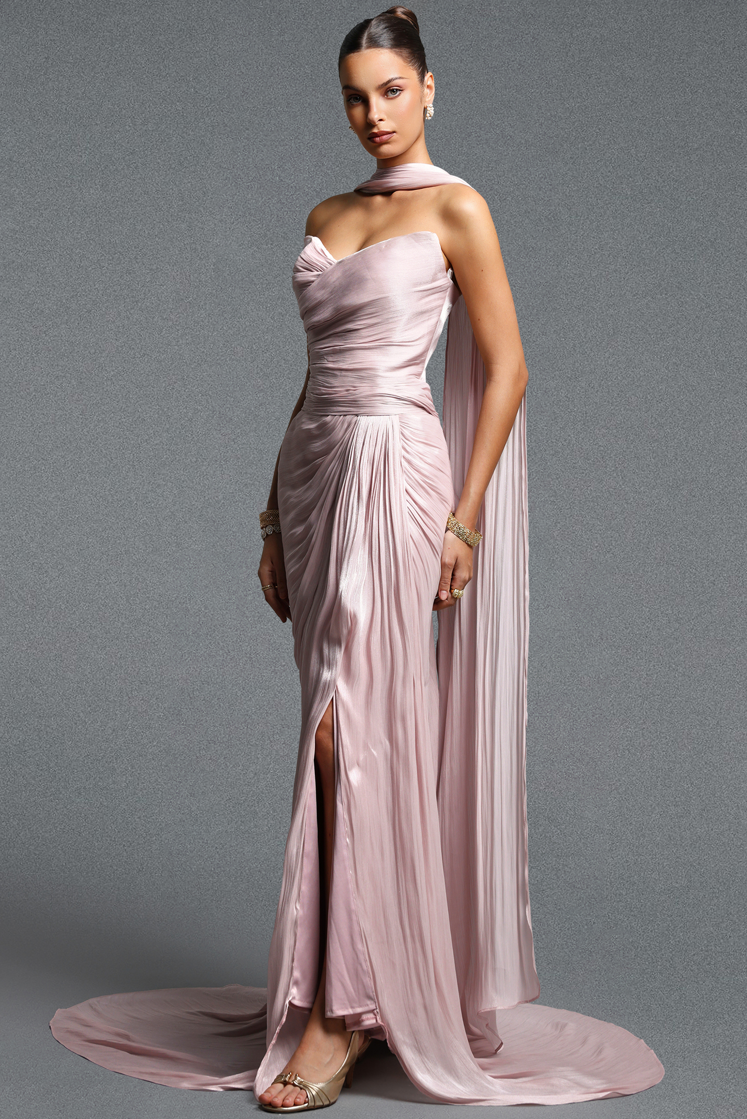 Parry Elegant Flowy Strapless Sleeveless Ruched Maxi Dress