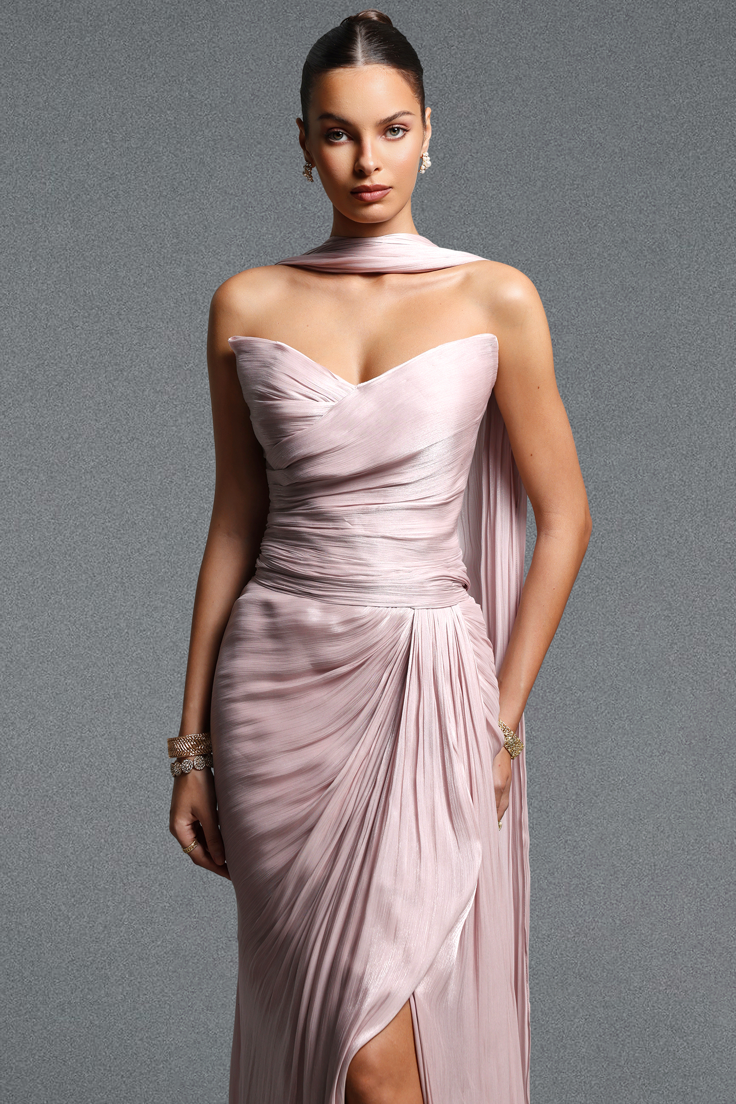 Parry Elegant Flowy Strapless Sleeveless Ruched Maxi Dress
