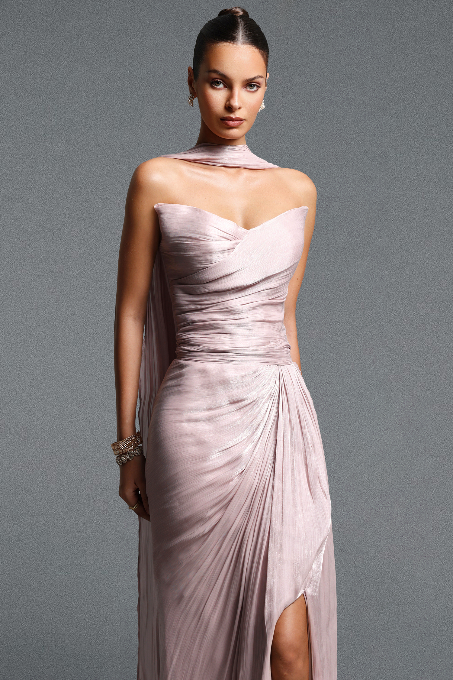 Parry Elegant Flowy Strapless Sleeveless Ruched Maxi Dress